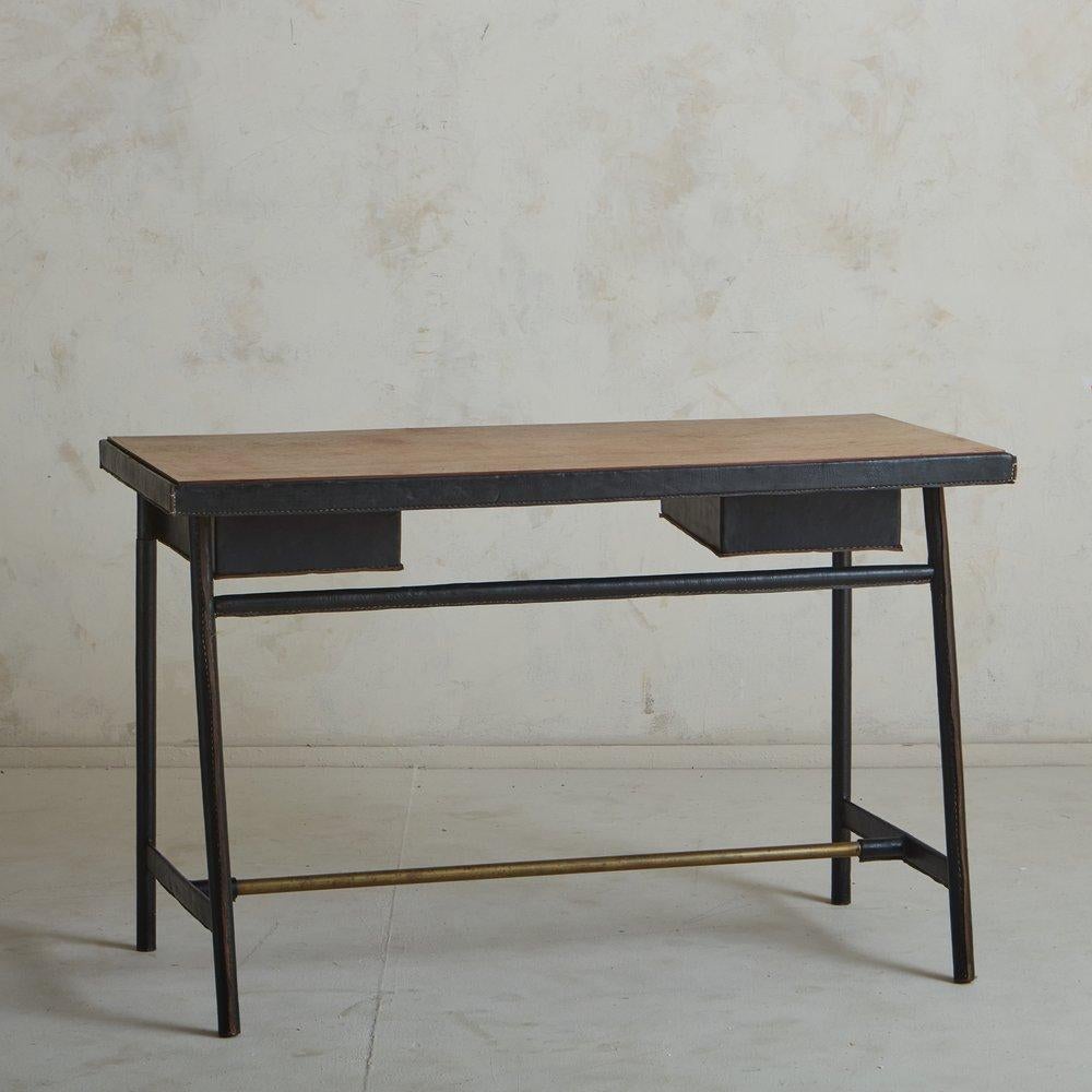 Leather + Wood Writing Desk Attributed to Jacques Adnet, France 1950s In Good Condition For Sale In Chicago, IL