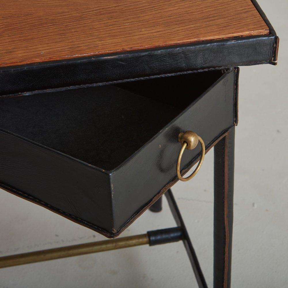 Mid-20th Century Leather + Wood Writing Desk Attributed to Jacques Adnet, France 1950s For Sale
