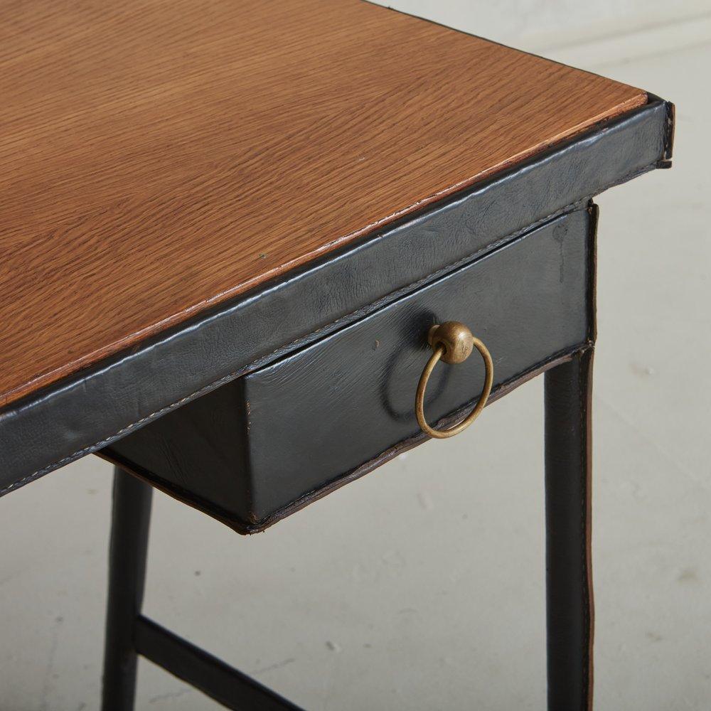 Brass Leather + Wood Writing Desk Attributed to Jacques Adnet, France 1950s For Sale