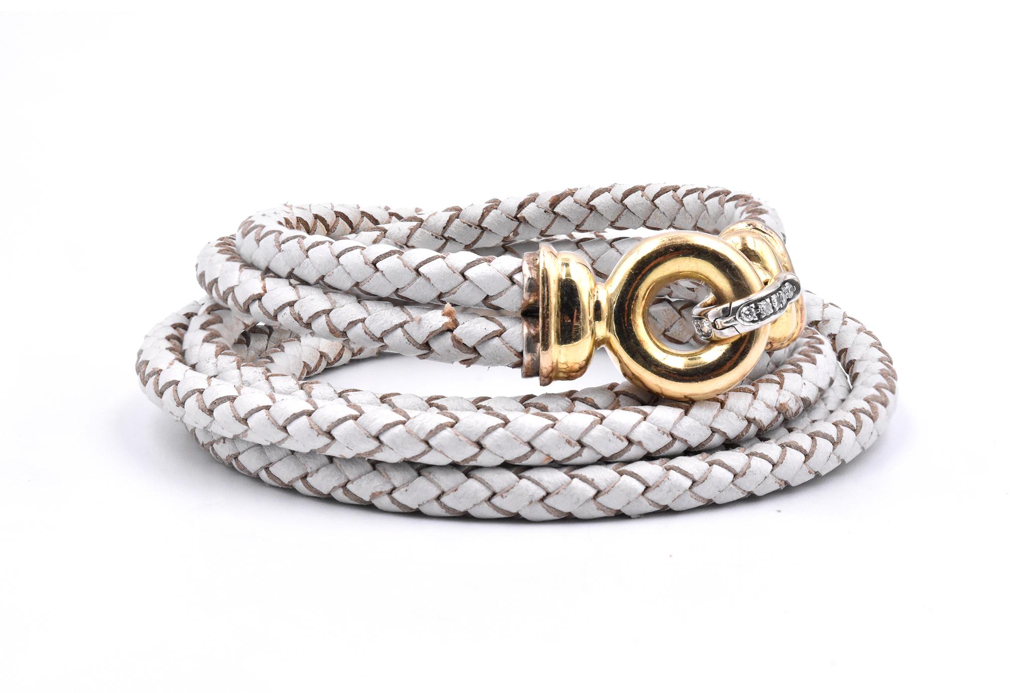 Designer: custom
Material: leather / 14K yellow gold
Diamond: 6 round cut = .10cttw
Color: H
Clarity: SI1
Dimensions: bracelet measures 22-Inches long
Weight: 26.74 grams
