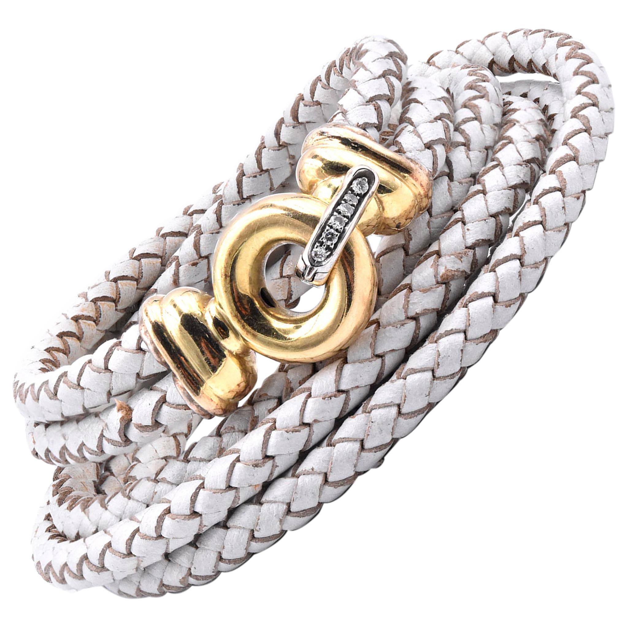 Leather Wrap Bracelet with 14 Karat Yellow Gold Diamond Buckle Clasp