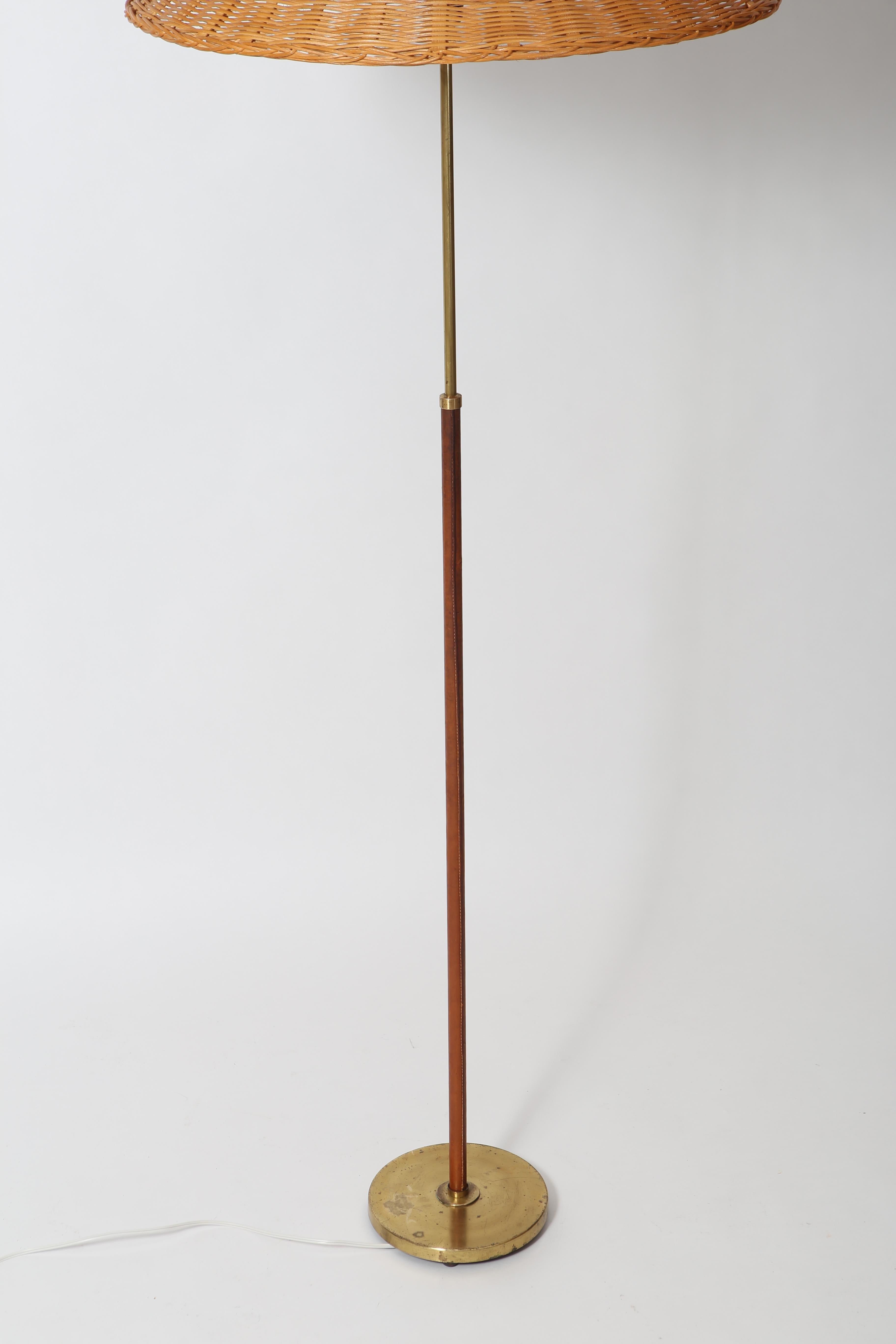 Leather Wrapped Brass Floor Lamp In Good Condition In Portland, OR