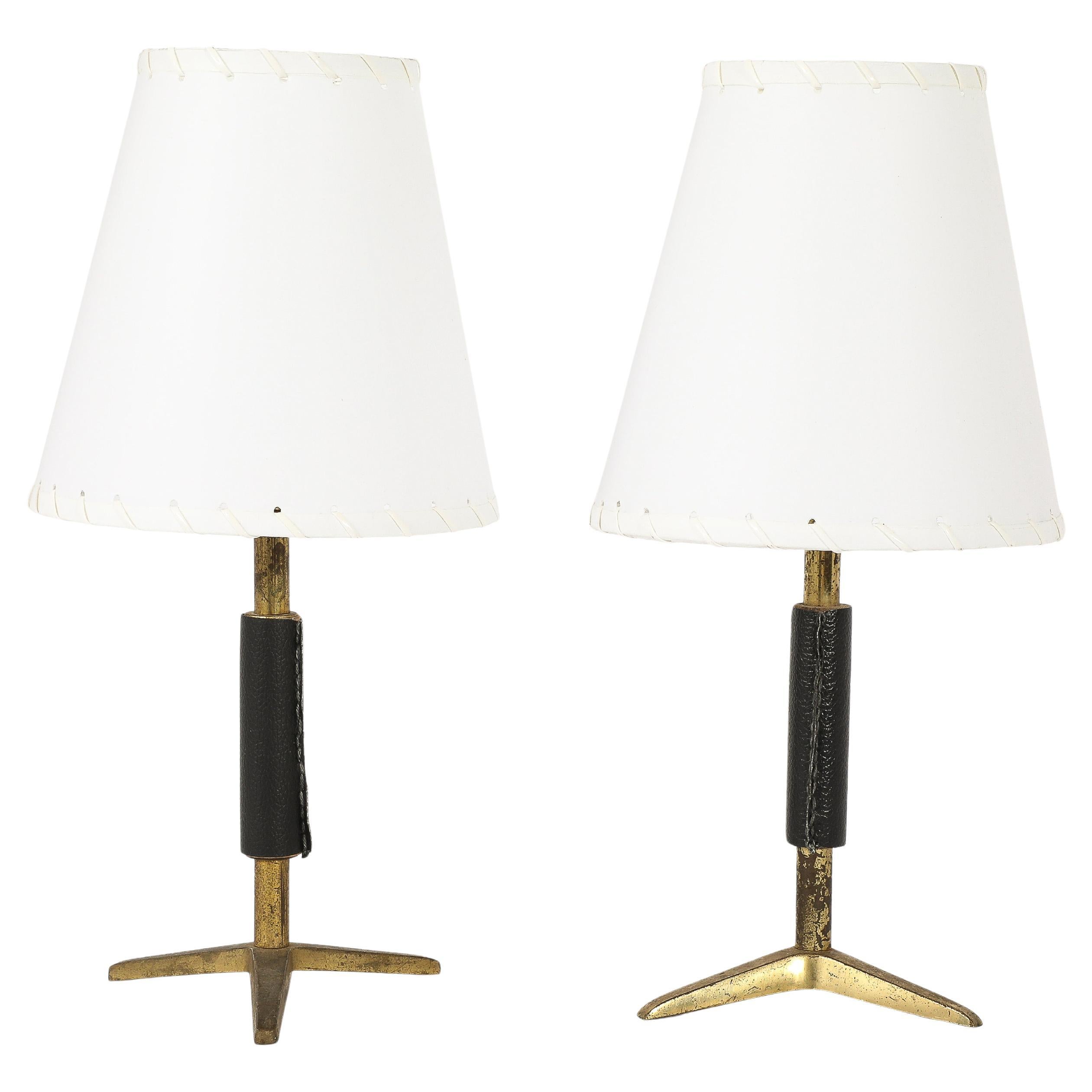 Leather Wrapped Brass Table Lamps, France 1960's