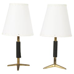 Leather Wrapped Brass Table Lamps, France 1960's