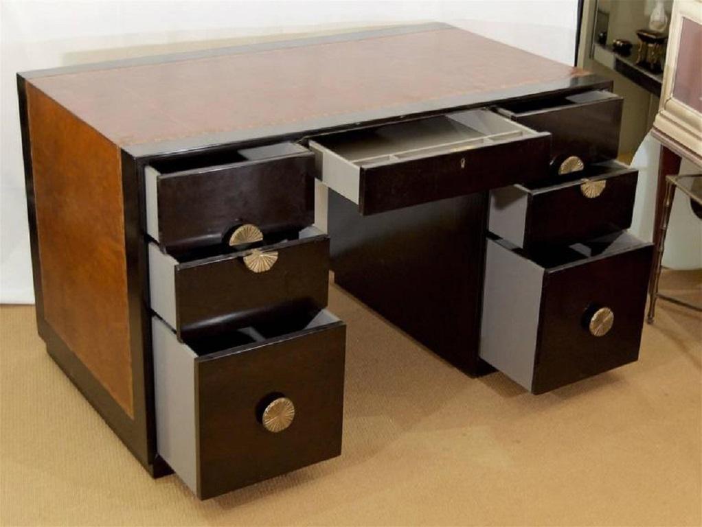 Wood Leather Wrapped Ebonized Desk with Brass Pulls and Shelves by Charak Modern