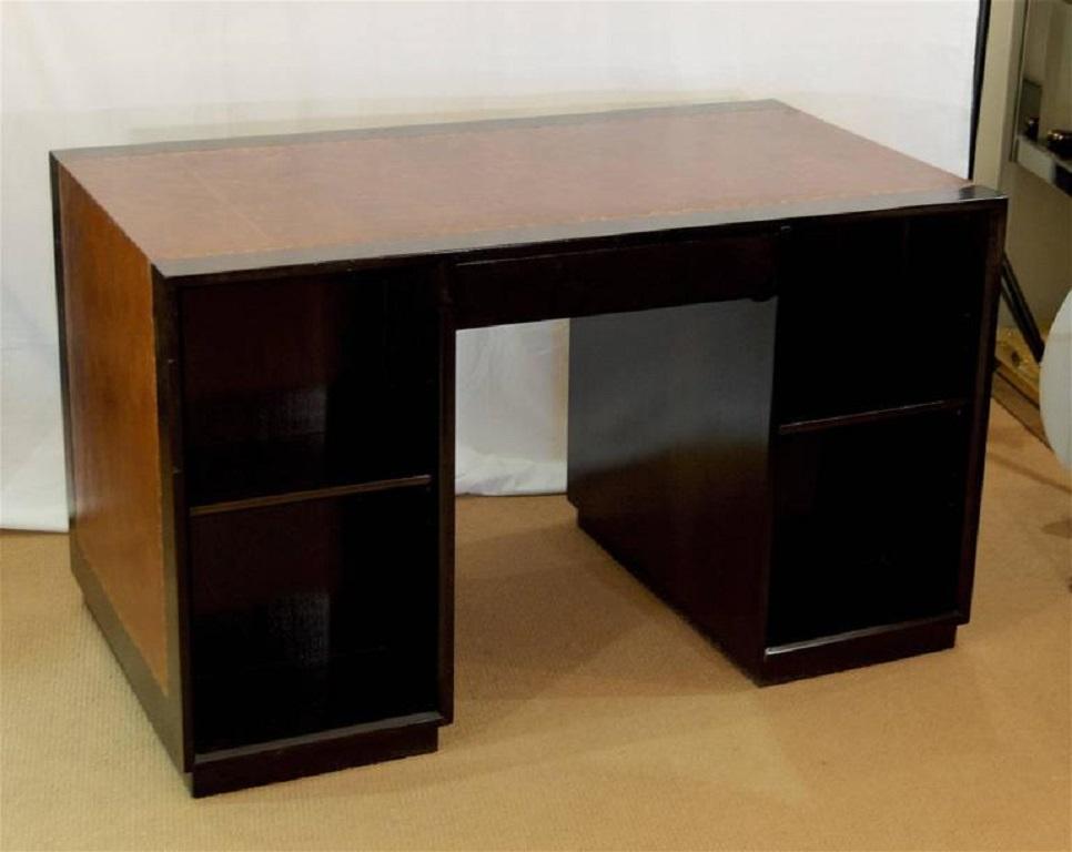 Leather Wrapped Ebonized Desk with Brass Pulls and Shelves by Charak Modern 1