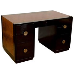 Vintage Leather Wrapped Ebonized Desk with Brass Pulls and Shelves by Charak Modern