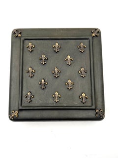 Leather Wrapped Italian Covered Box with Fleur De Lis Motif