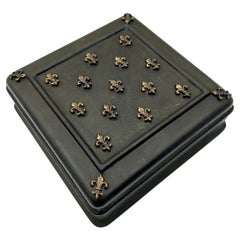 Leather Wrapped Italian Covered Box with Fleur De Lis Motif