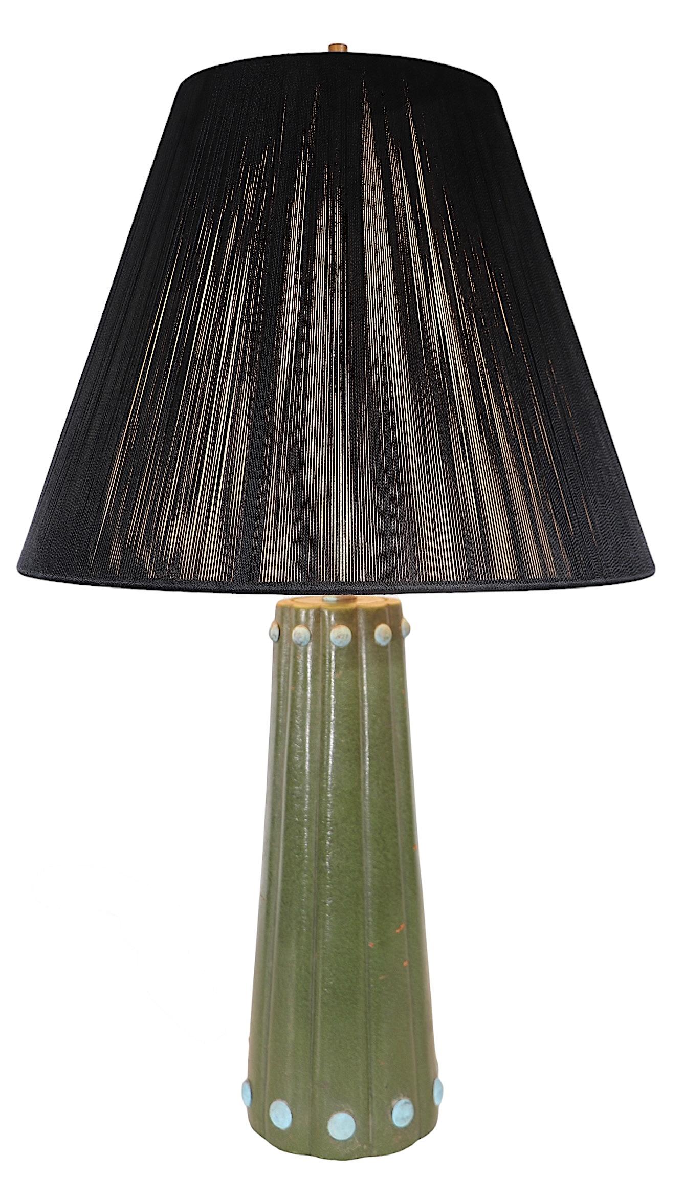 Leather Wrapped Table Lamp after Adnet c 1940’s In Good Condition For Sale In New York, NY