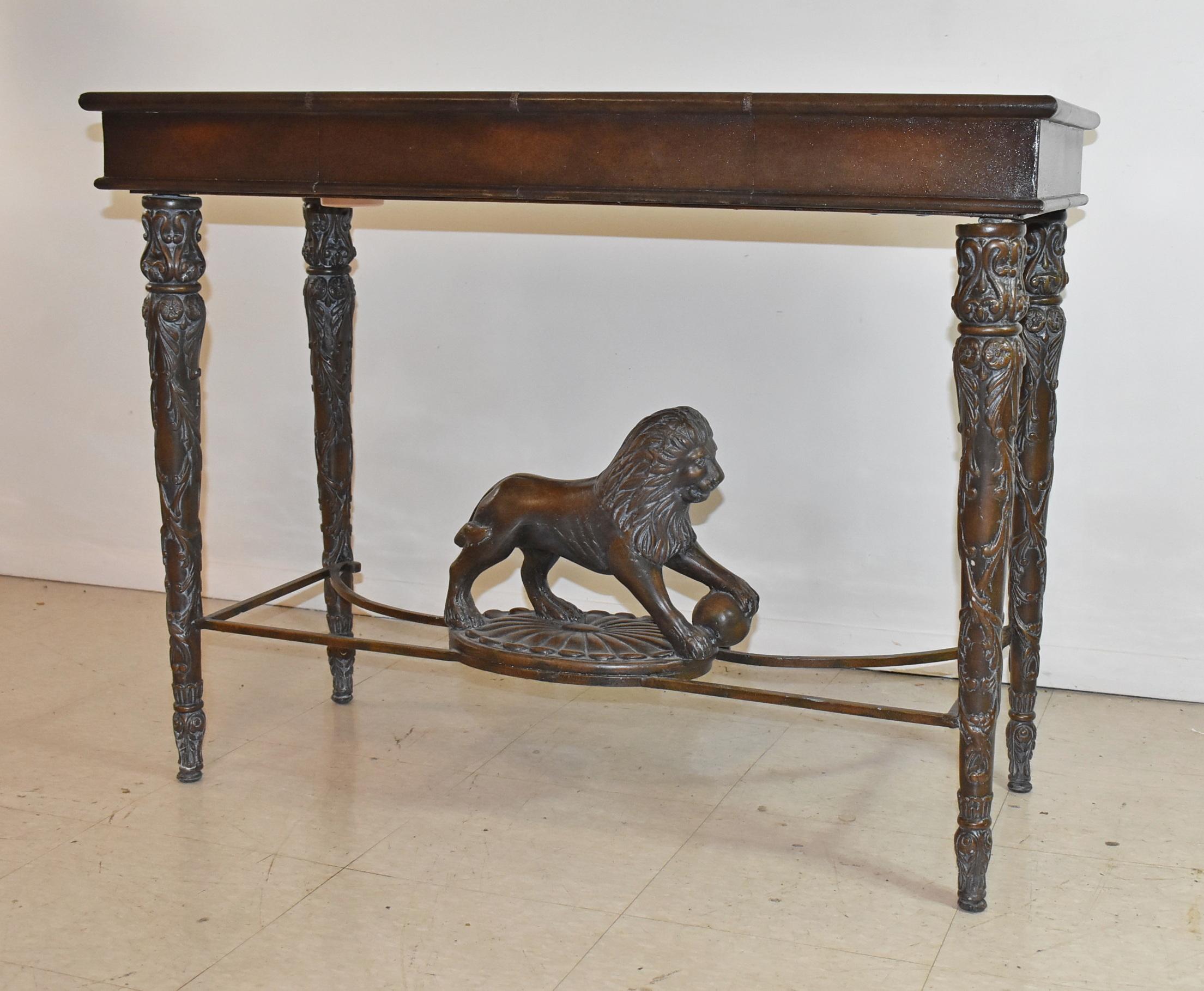 American Leather Wrapped Table with Lion, Maitland Smith Style For Sale