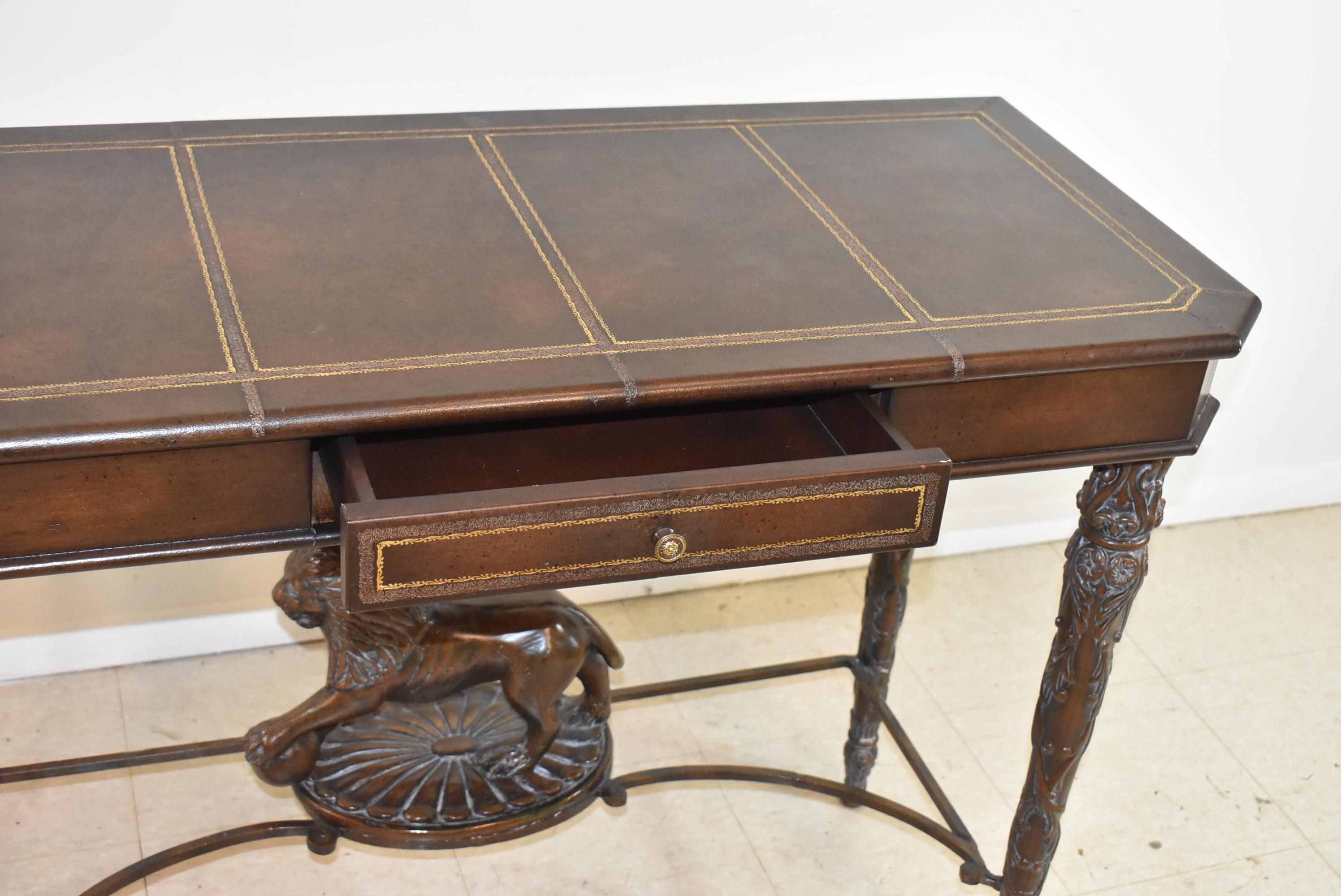 Leather Wrapped Table with Lion, Maitland Smith Style In Good Condition For Sale In Toledo, OH