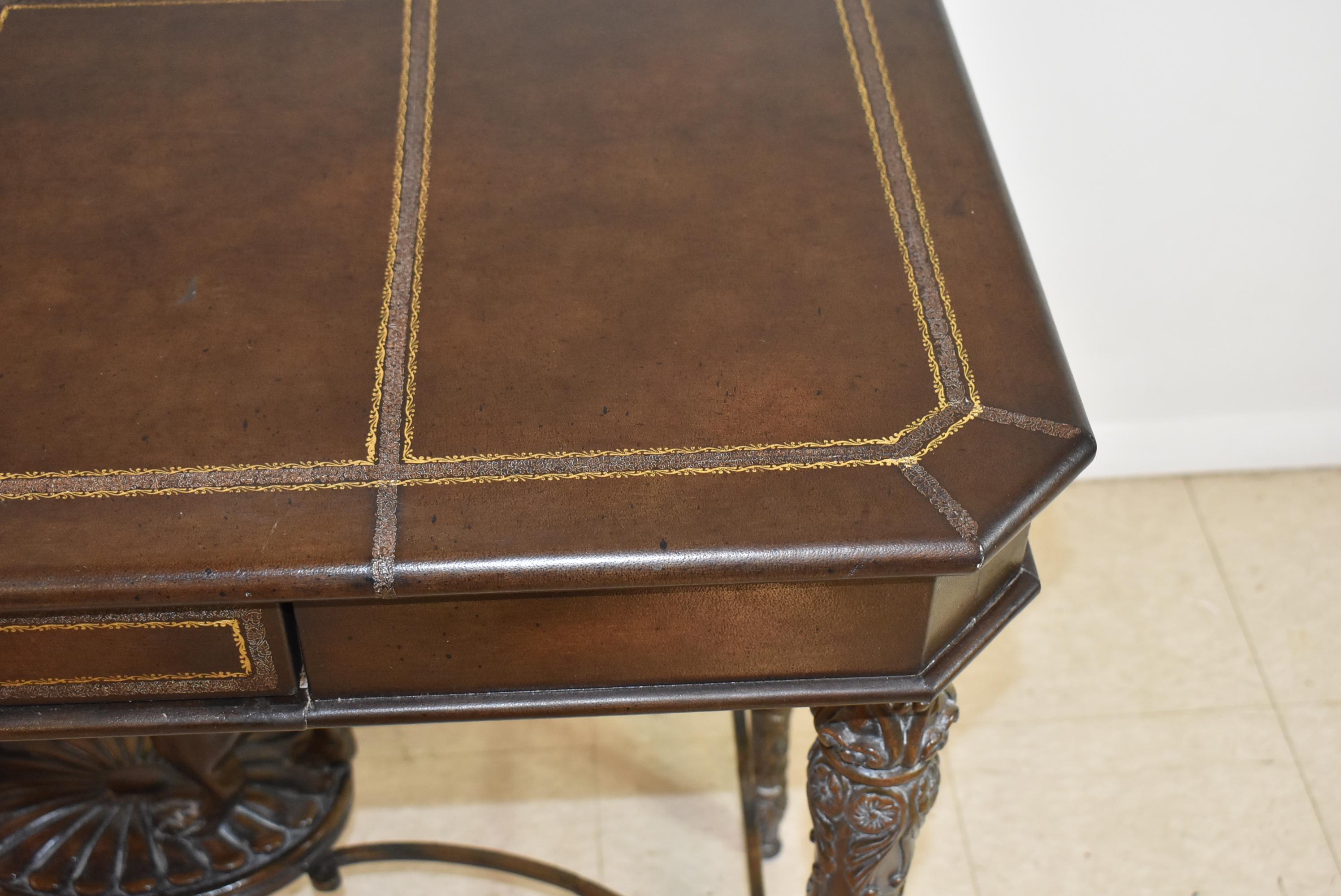 Late 20th Century Leather Wrapped Table with Lion, Maitland Smith Style For Sale