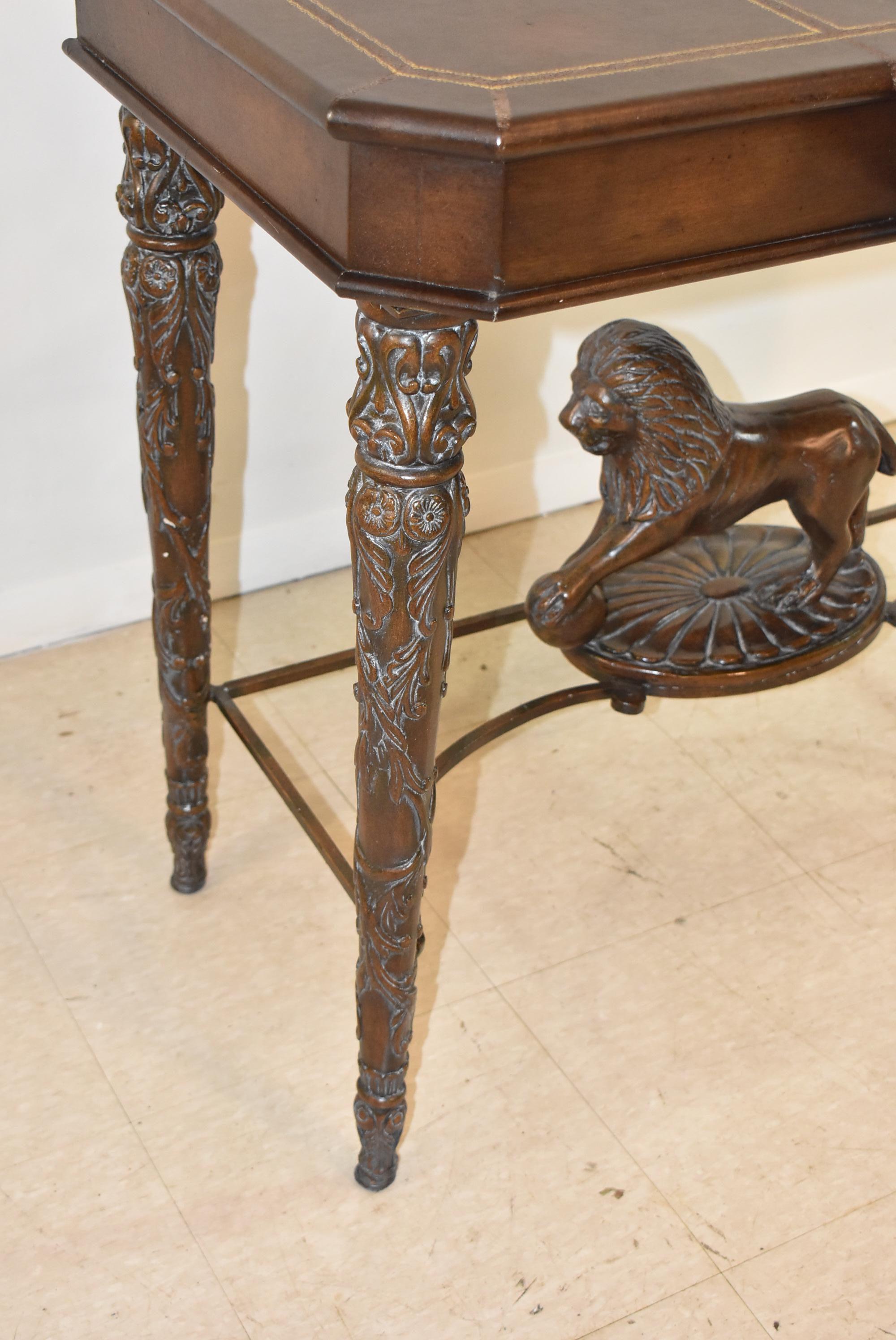 Leather Wrapped Table with Lion, Maitland Smith Style For Sale 2