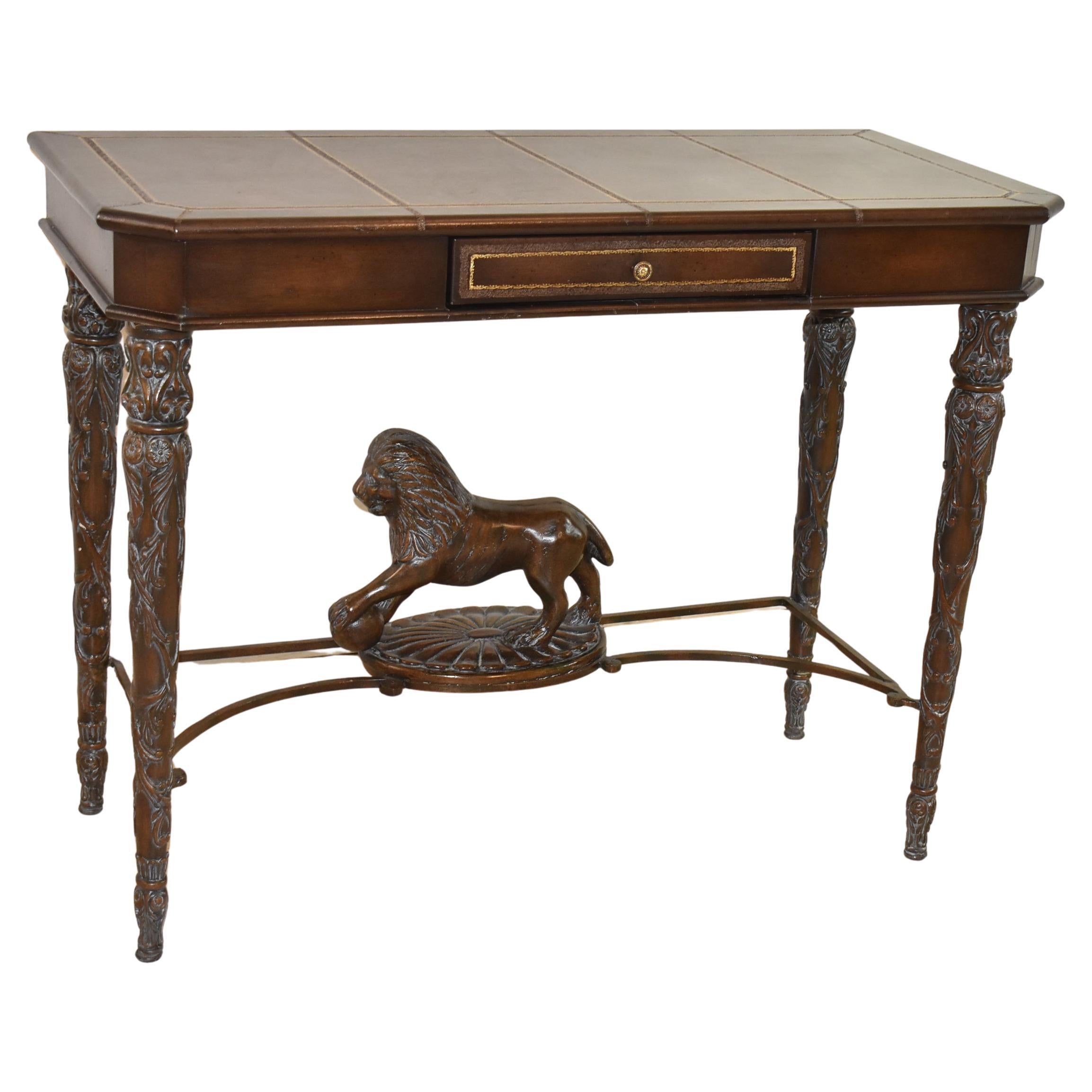 Leather Wrapped Table with Lion, Maitland Smith Style