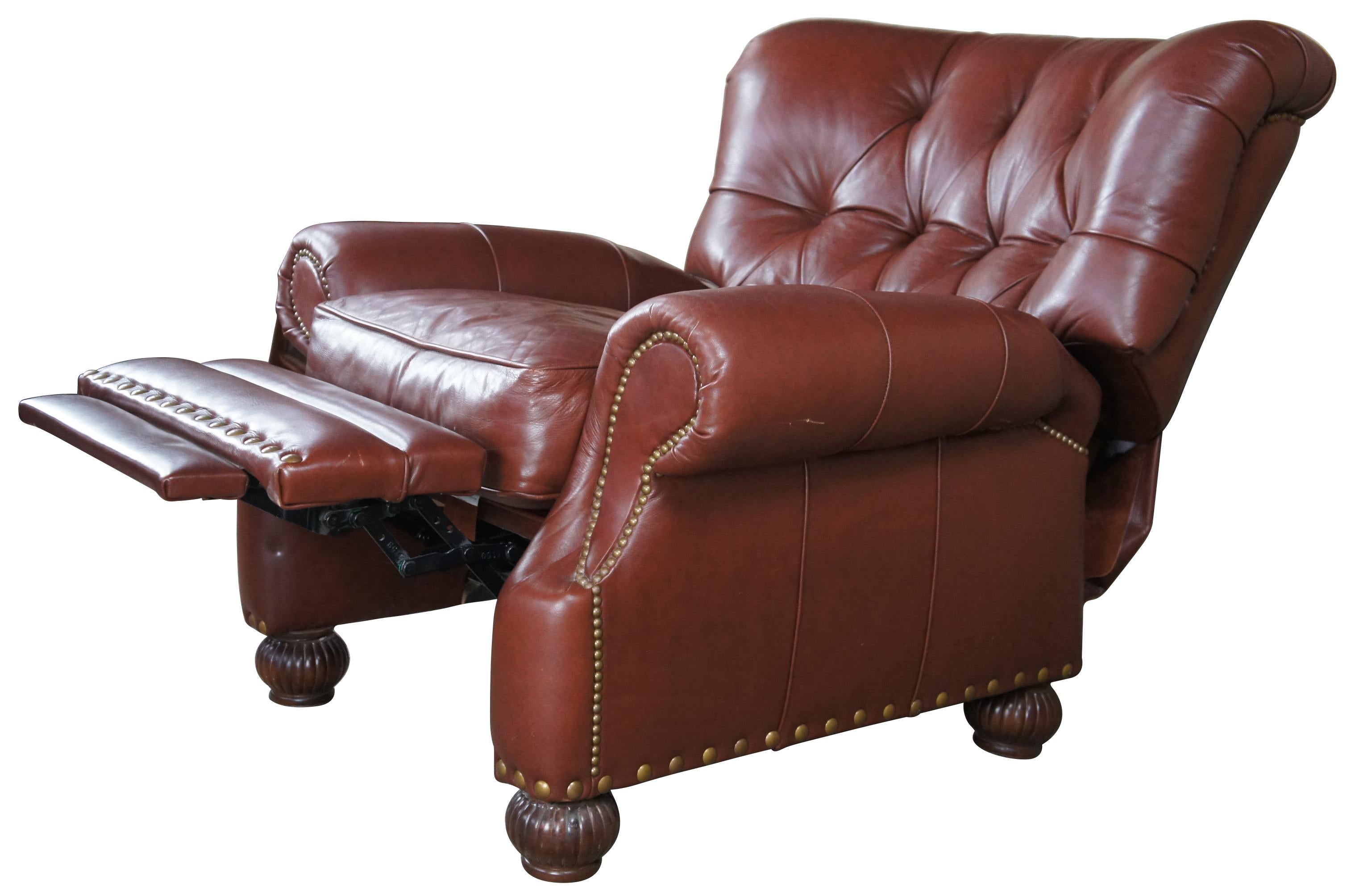 Leathercraft Chesterfield Chestnut Leather Tufted Wingback Recliner Arm Chair In Good Condition In Dayton, OH