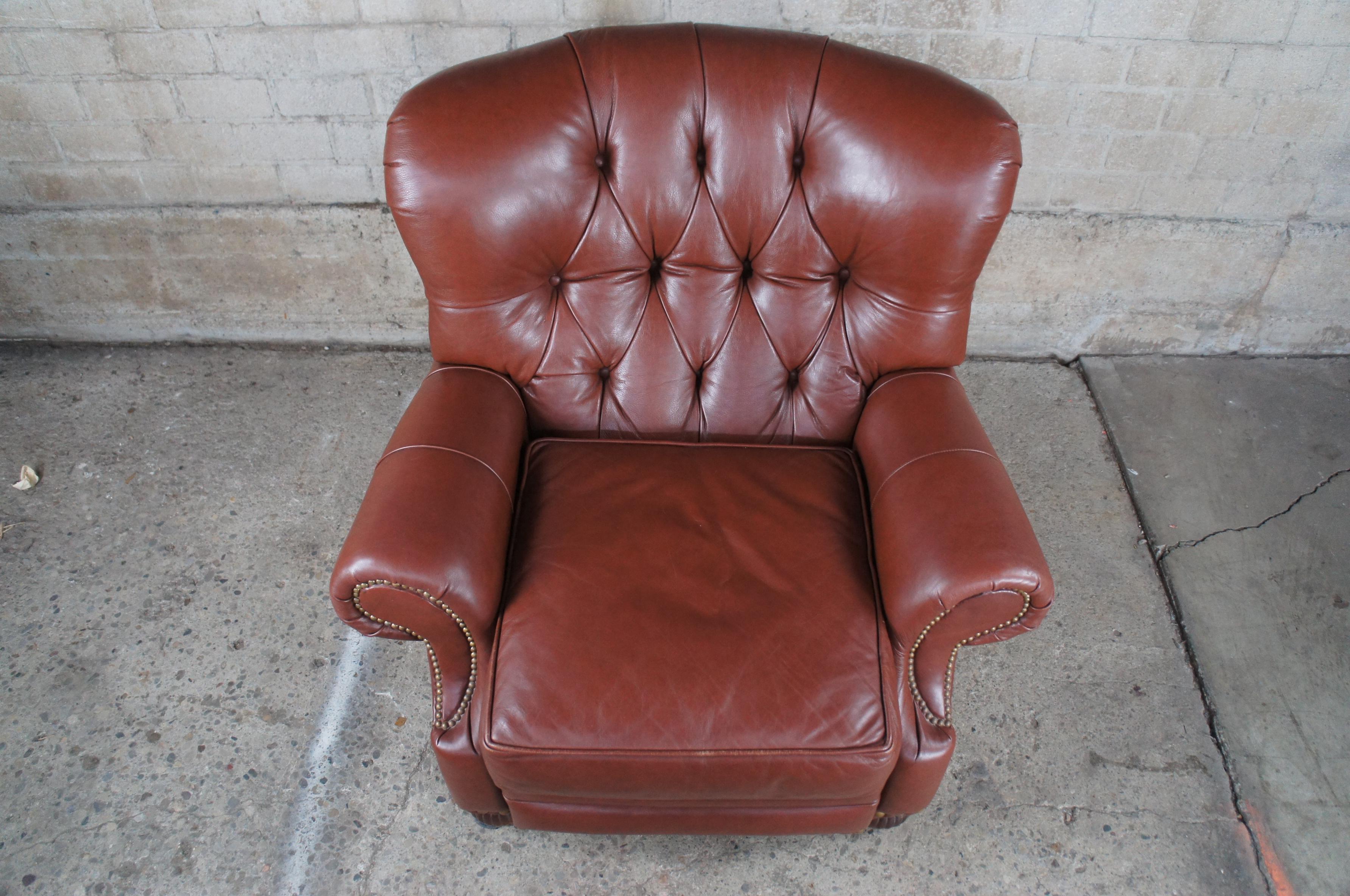 Leathercraft Chesterfield Chestnut Leather Tufted Wingback Recliner Arm Chair 1