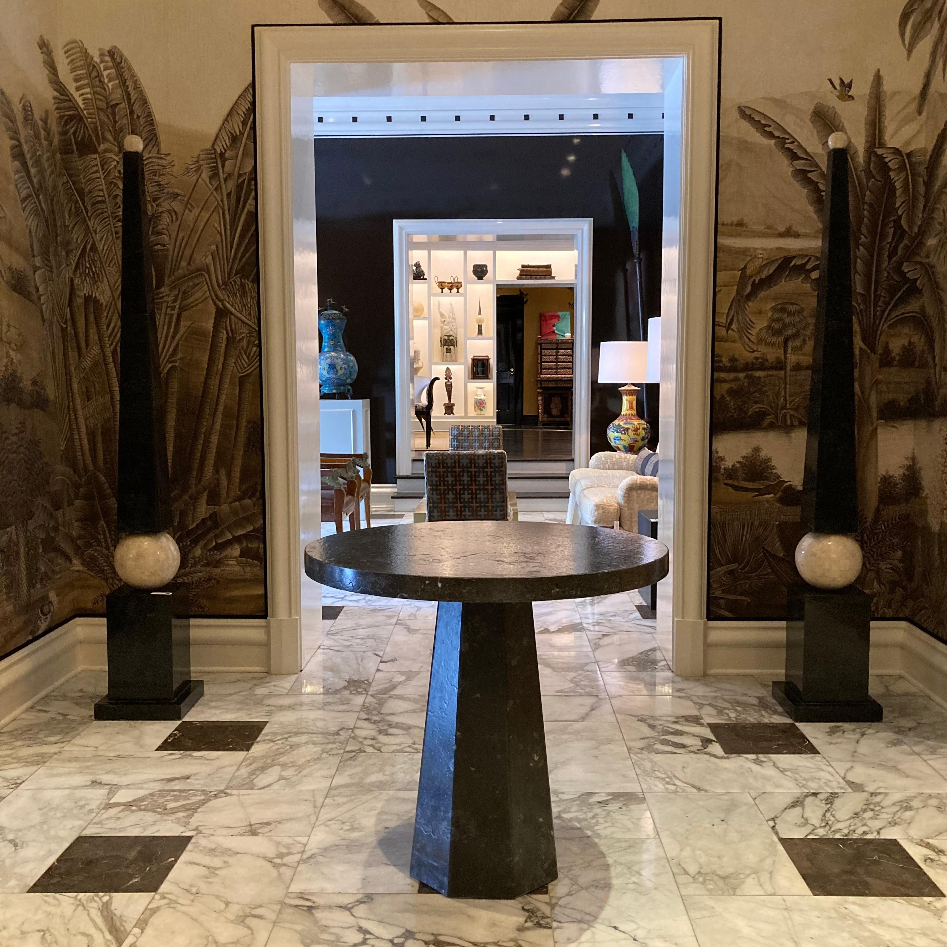Contemporary Leathered Finish Black Marble Center Table For Sale