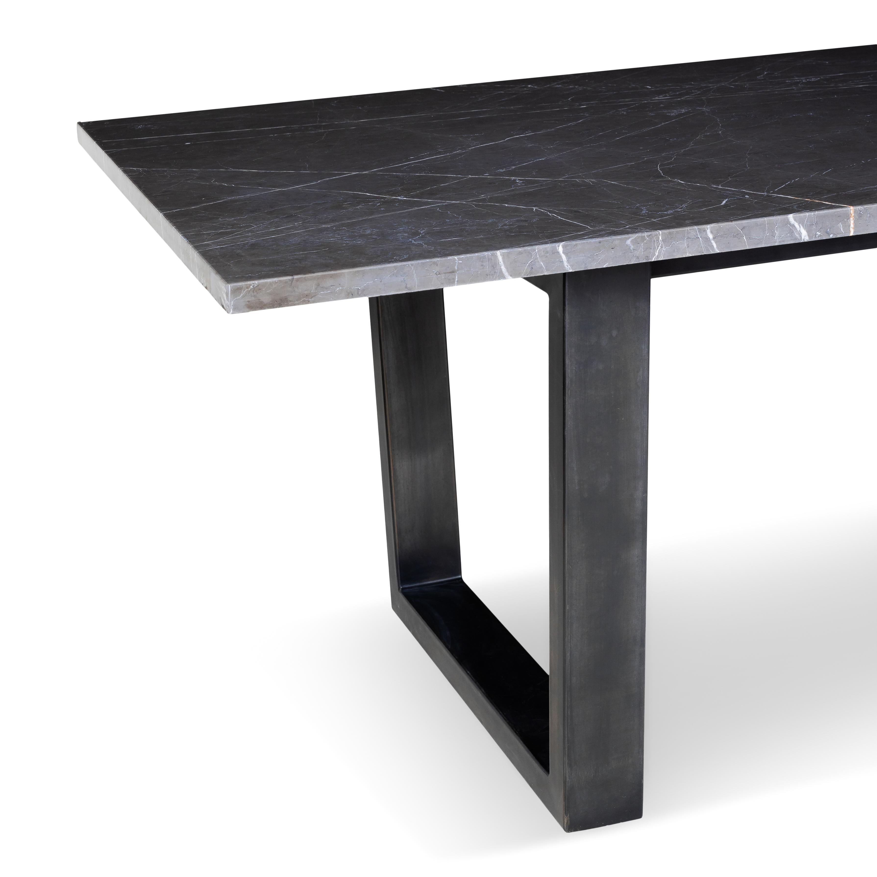 Industrial Leathered Pietra Grey Marble Top on Black Petina Modern Steel Base For Sale