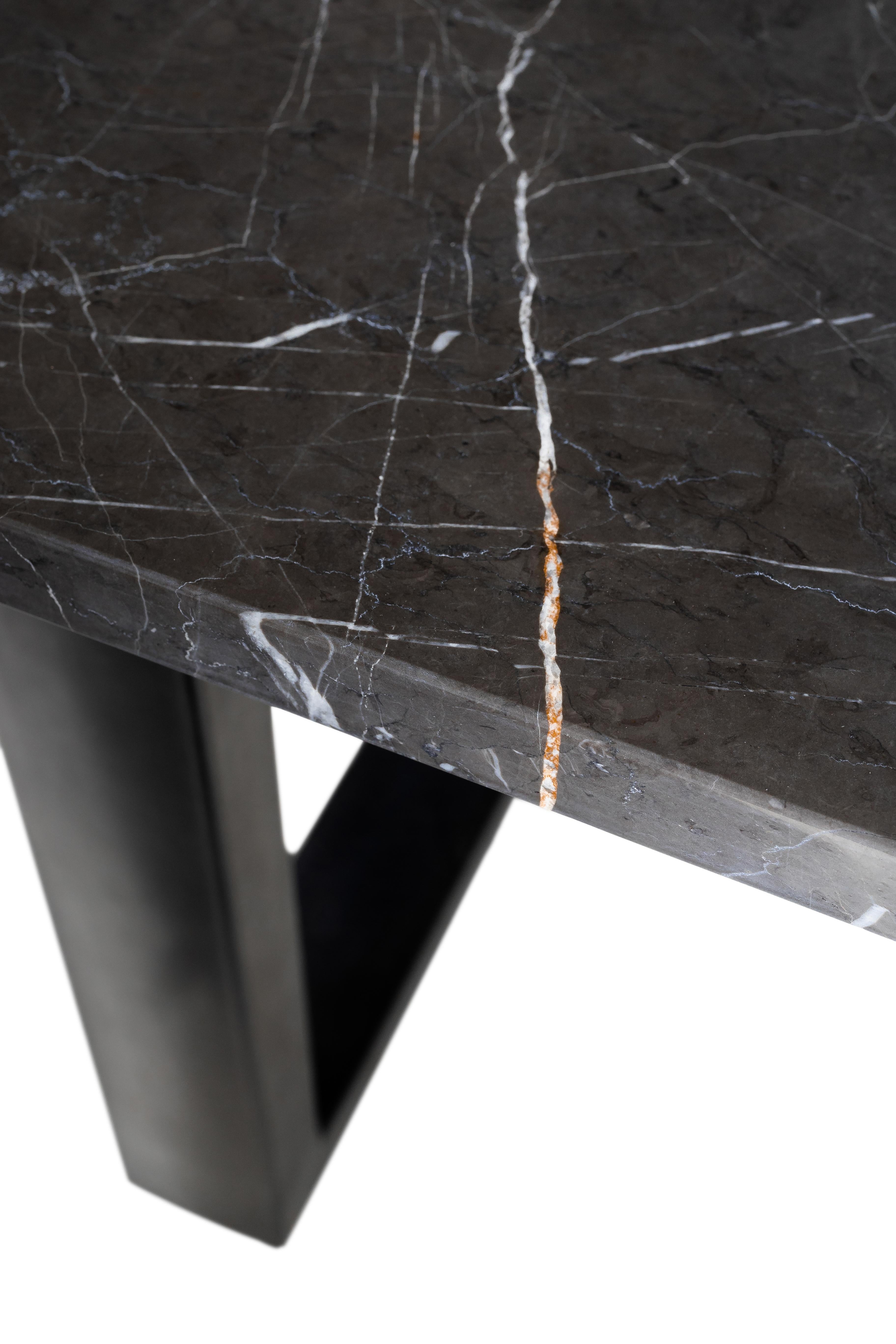 Leathered Pietra Grey Marble Top on Black Petina Modern Steel Base In Good Condition For Sale In Dallas, TX