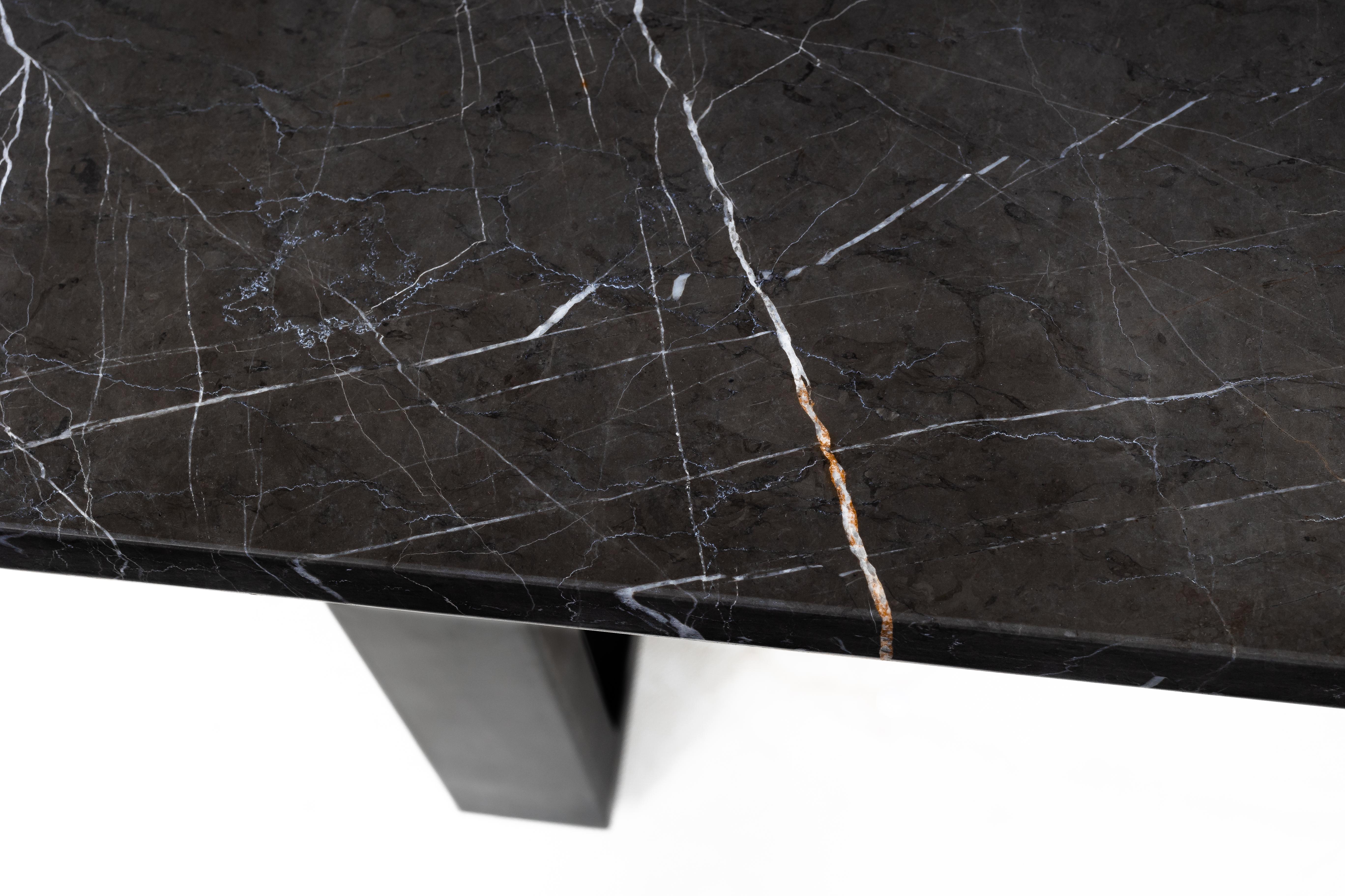 Contemporary Leathered Pietra Grey Marble Top on Black Petina Modern Steel Base For Sale