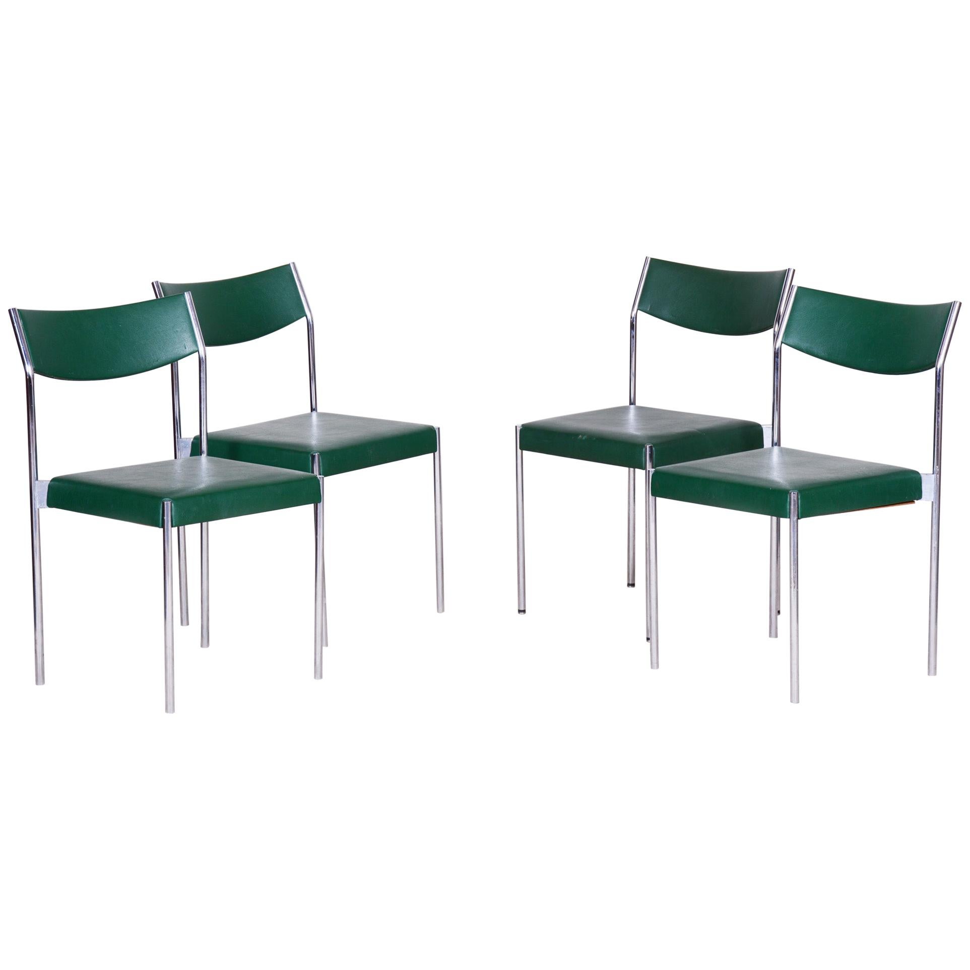 Leatherette Chrome Midcentury Chairs, 4 Pieces, 1950s, Well Preserved Condition