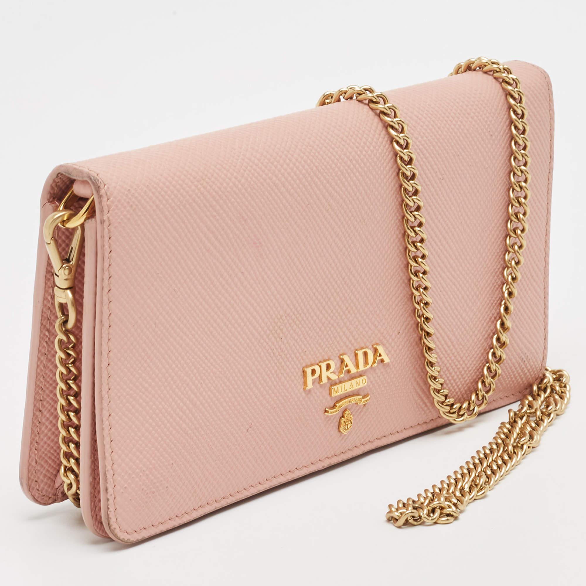 LeatherPrada Pink Saffiano Cuir Leather Wallet On Chain 6