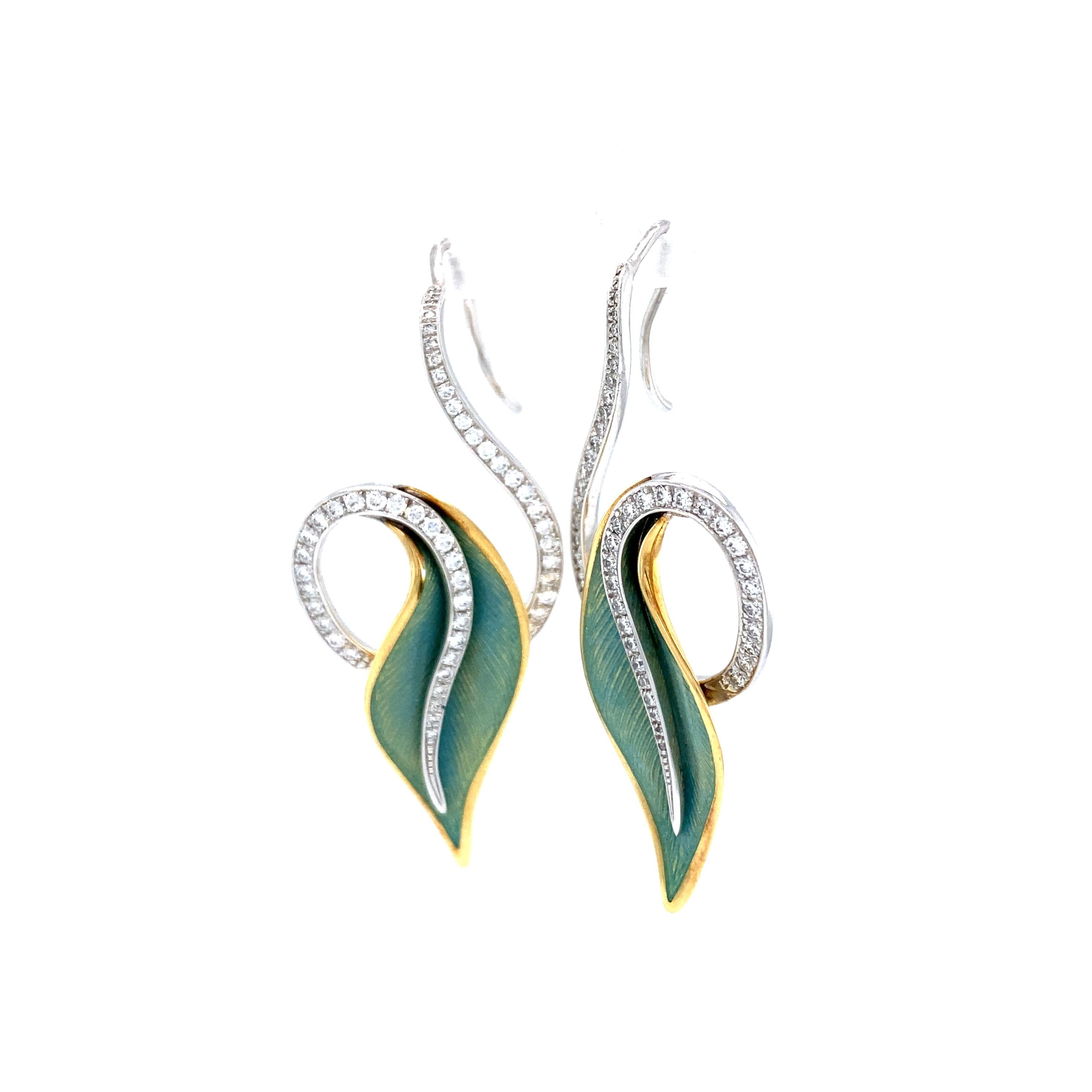 Contemporary Leave Earrings 18k White Gold/Yellow Gold Turquoise Enamel 102 Diamonds 0.86 Ct For Sale