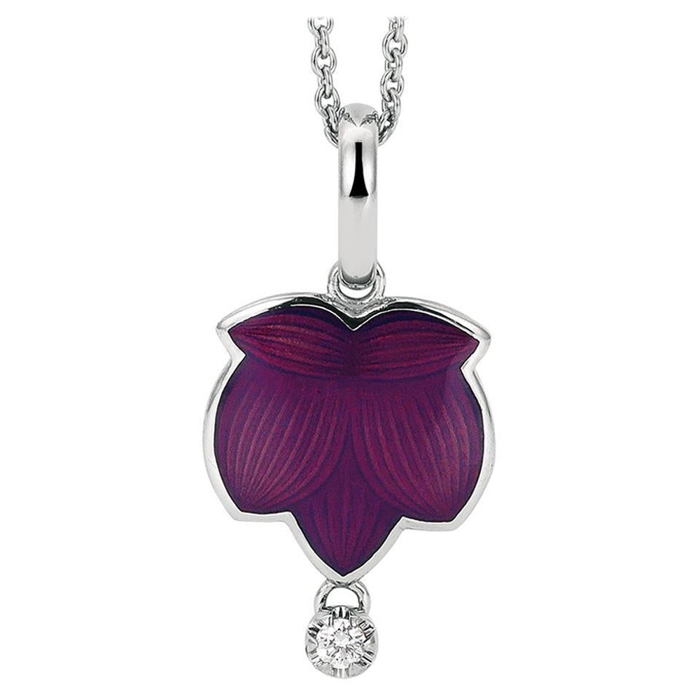 Leave Shaped Pendant - 18k Yellow Gold - Purple Enamel 1 Diamond 0.05 ct G VS For Sale