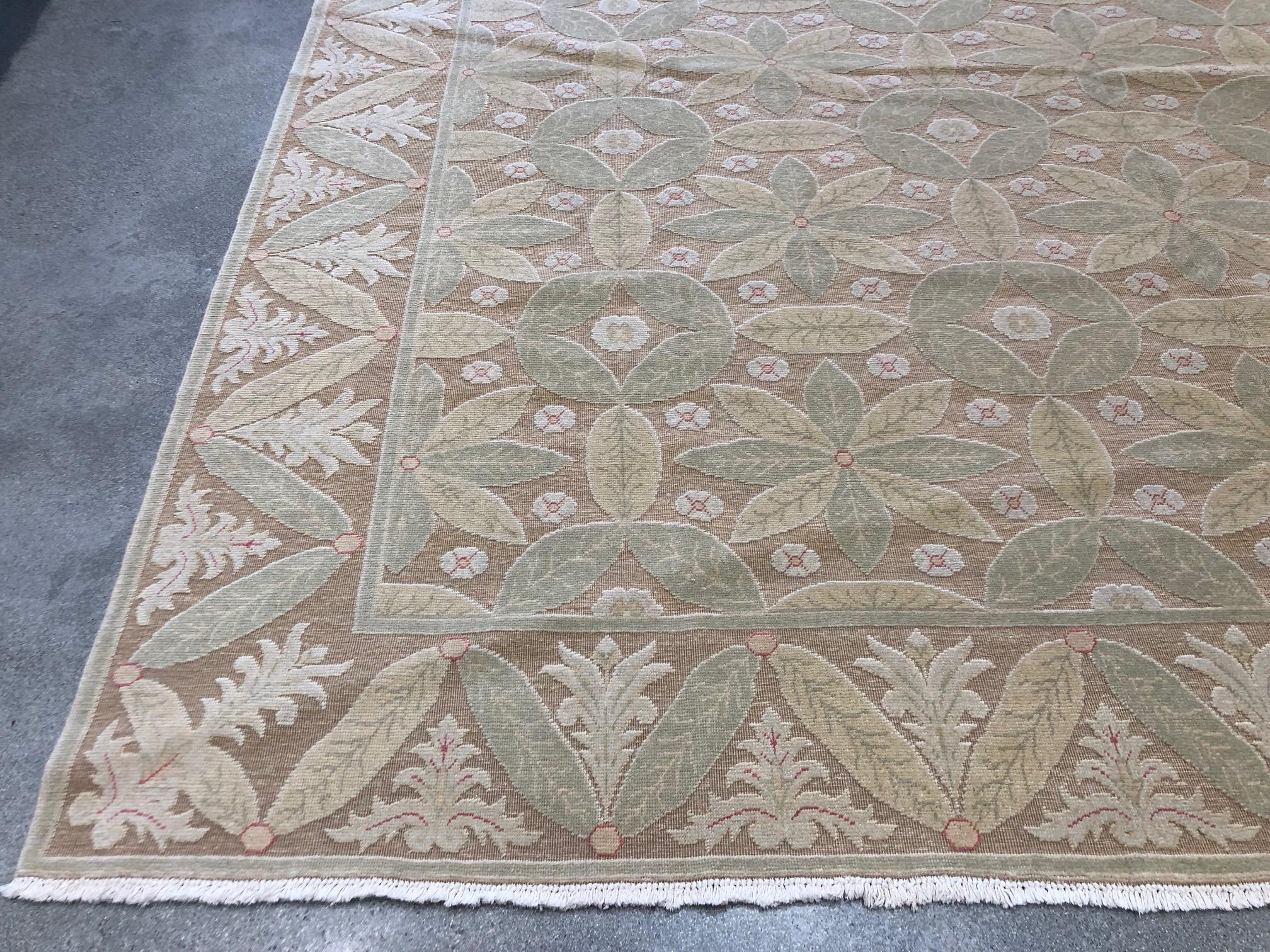 Hand-Knotted Leaves and Blossoms Tan Rug For Sale