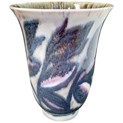 "Leaves and Flowers, " Spectacular Flaring Art Deco Vase in Charcoal and Rose