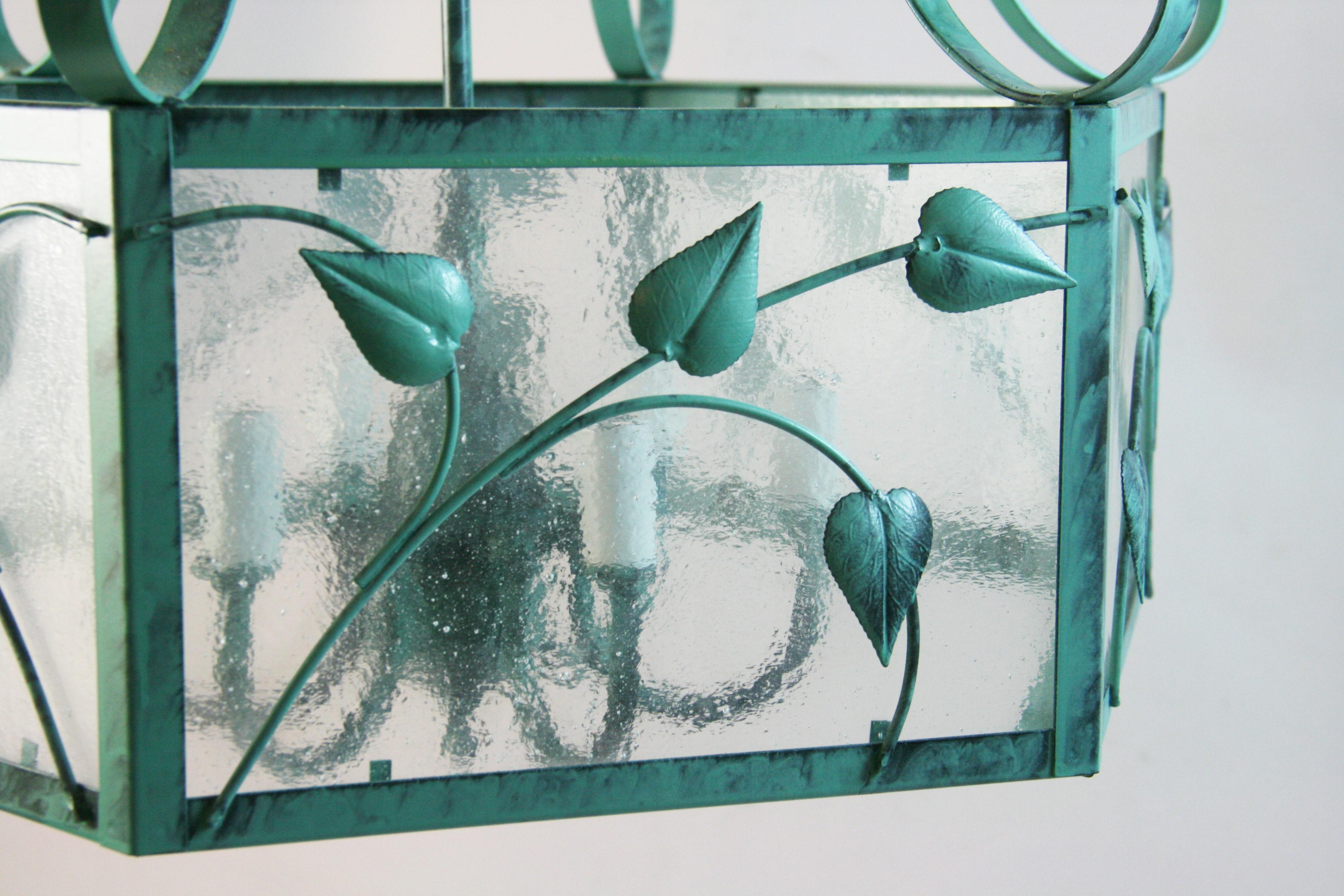 Leaves and Frosted Glass  Verdigre Chandelier In Good Condition For Sale In Douglas Manor, NY