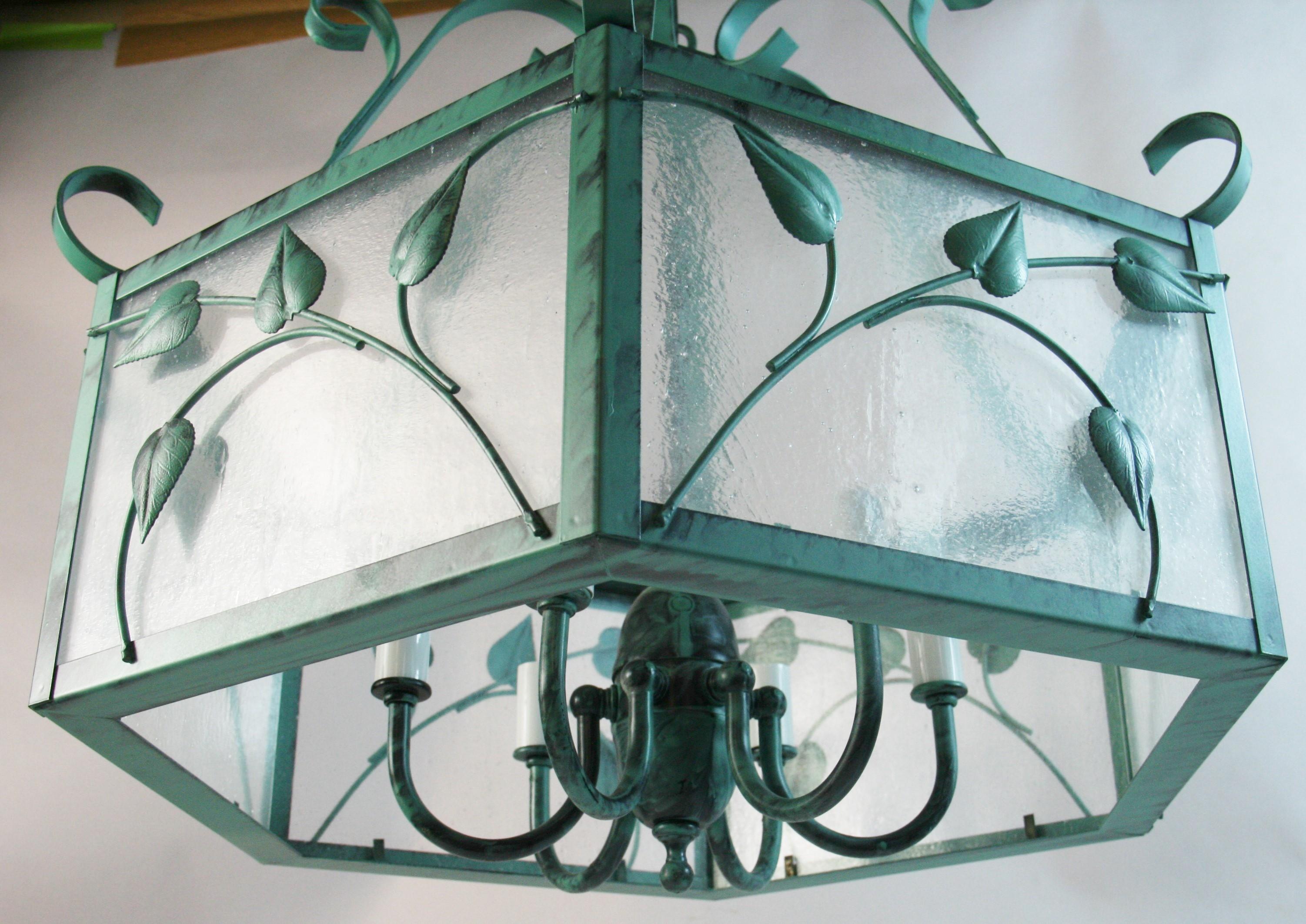 Metal Leaves and Frosted Glass  Verdigre Chandelier For Sale