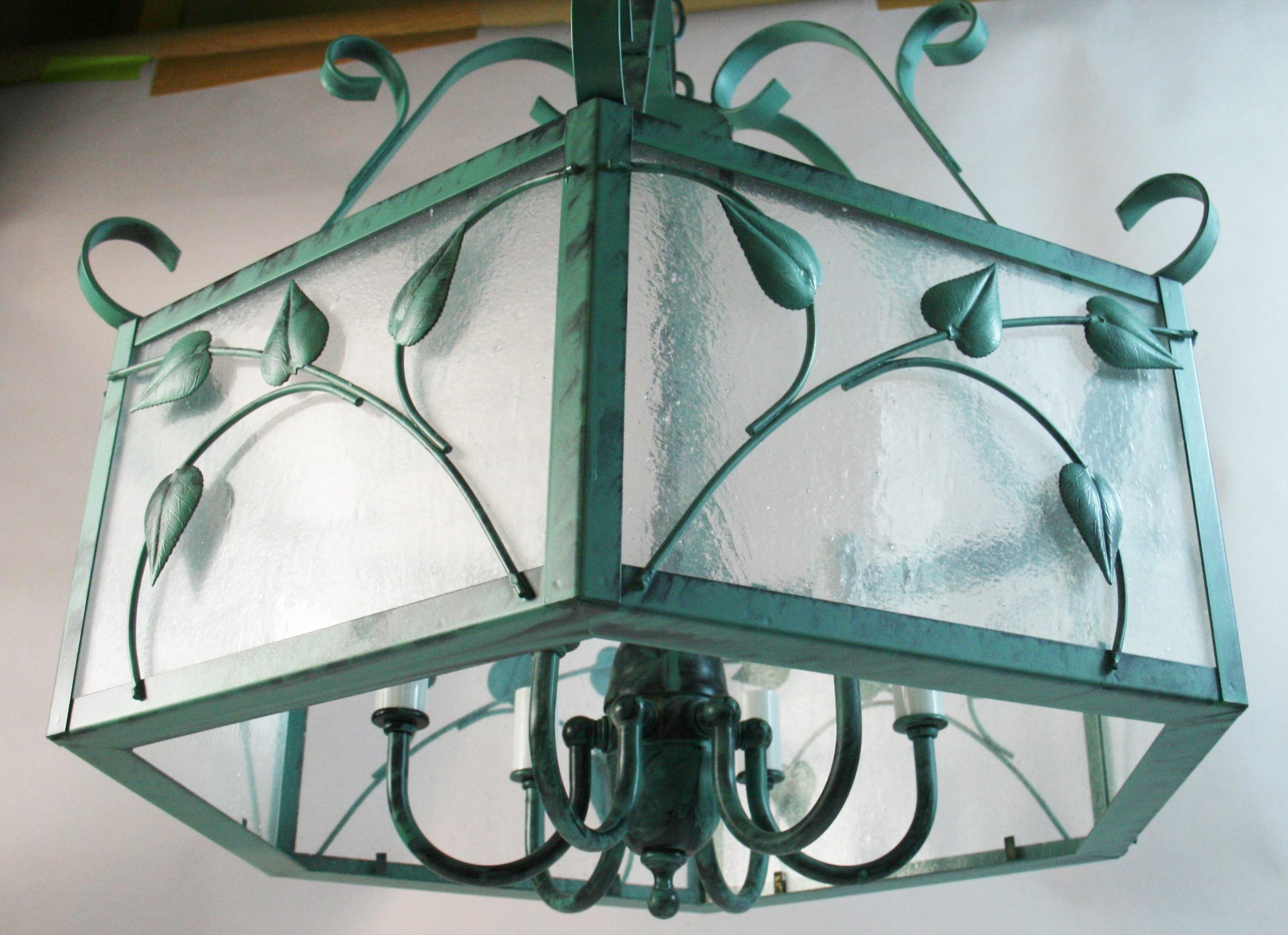 Leaves and Frosted Glass  Verdigre Chandelier For Sale 1