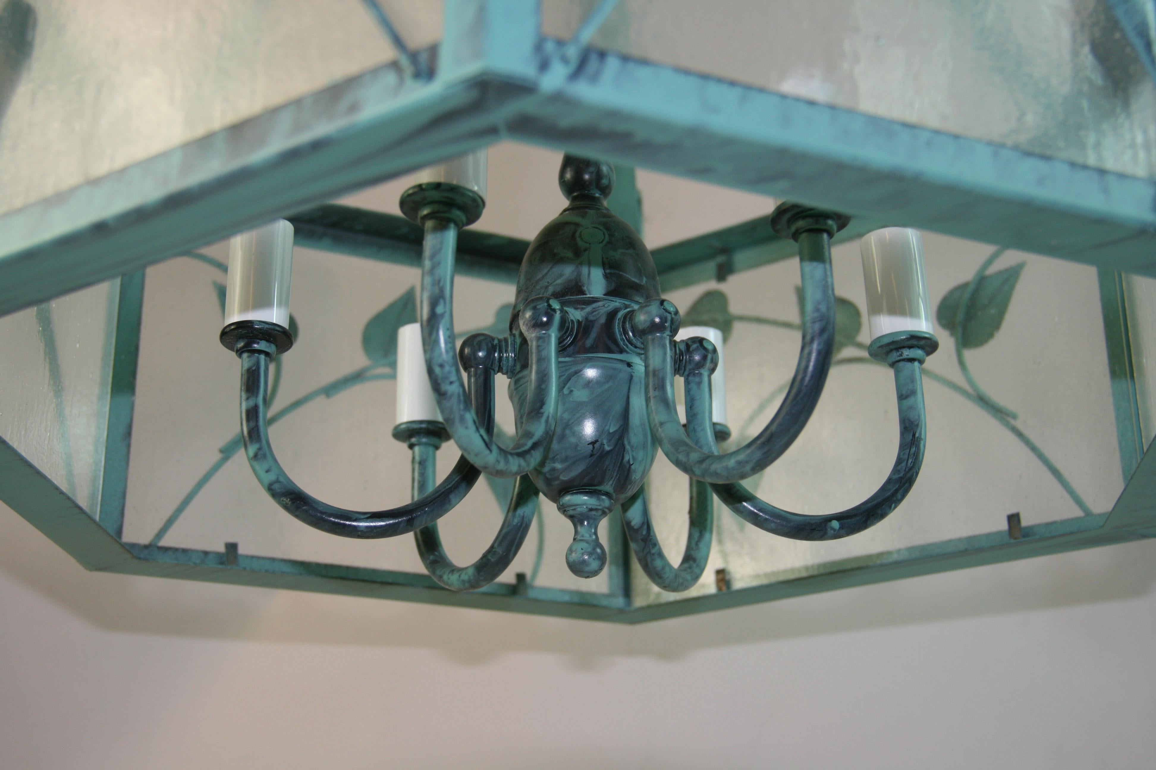 Leaves and Frosted Glass  Verdigre Chandelier For Sale 2