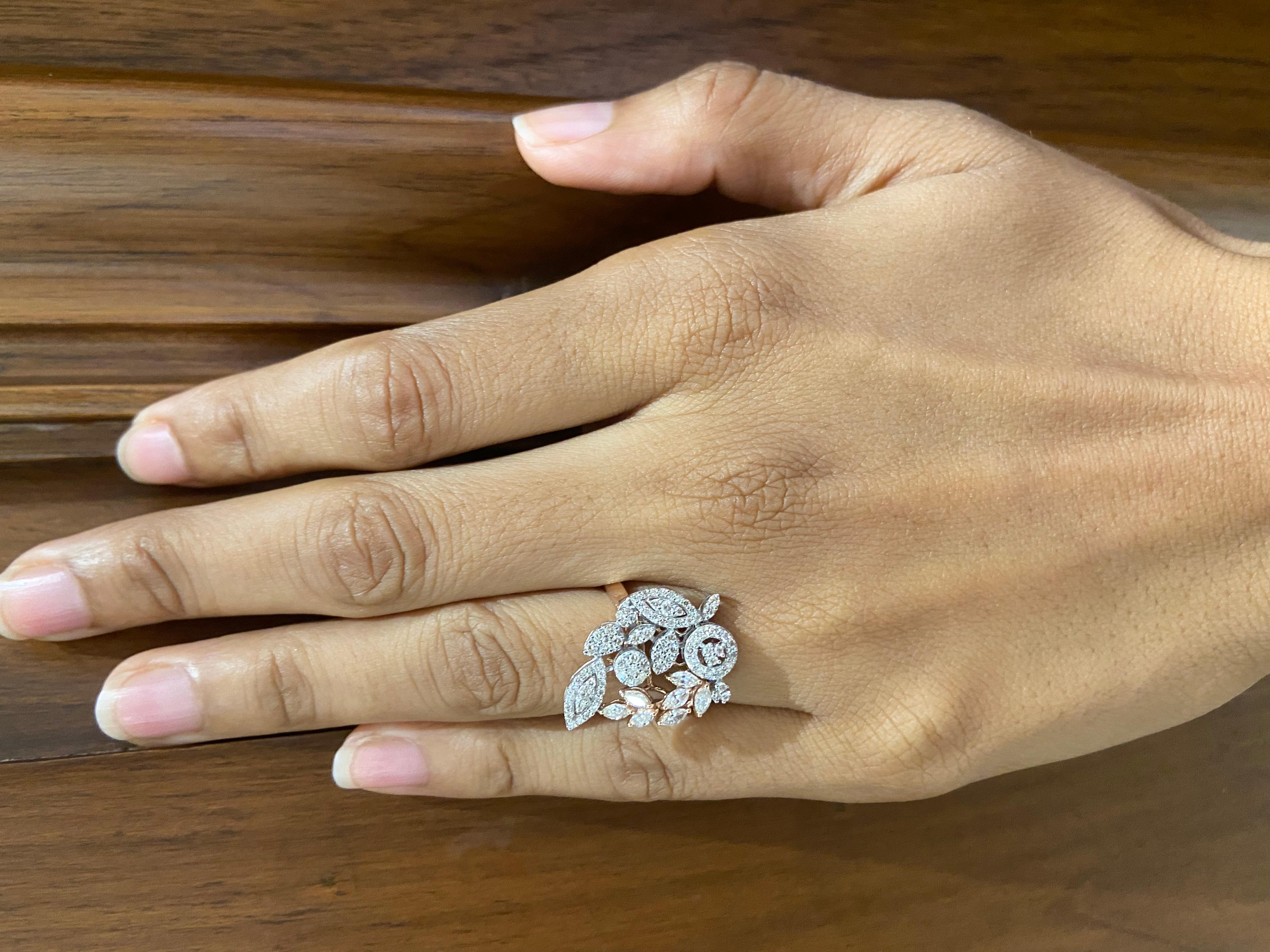 Blätter-Cluster-Diamantring aus 14 Karat massivem Gold (zertifiziert) Damen im Angebot