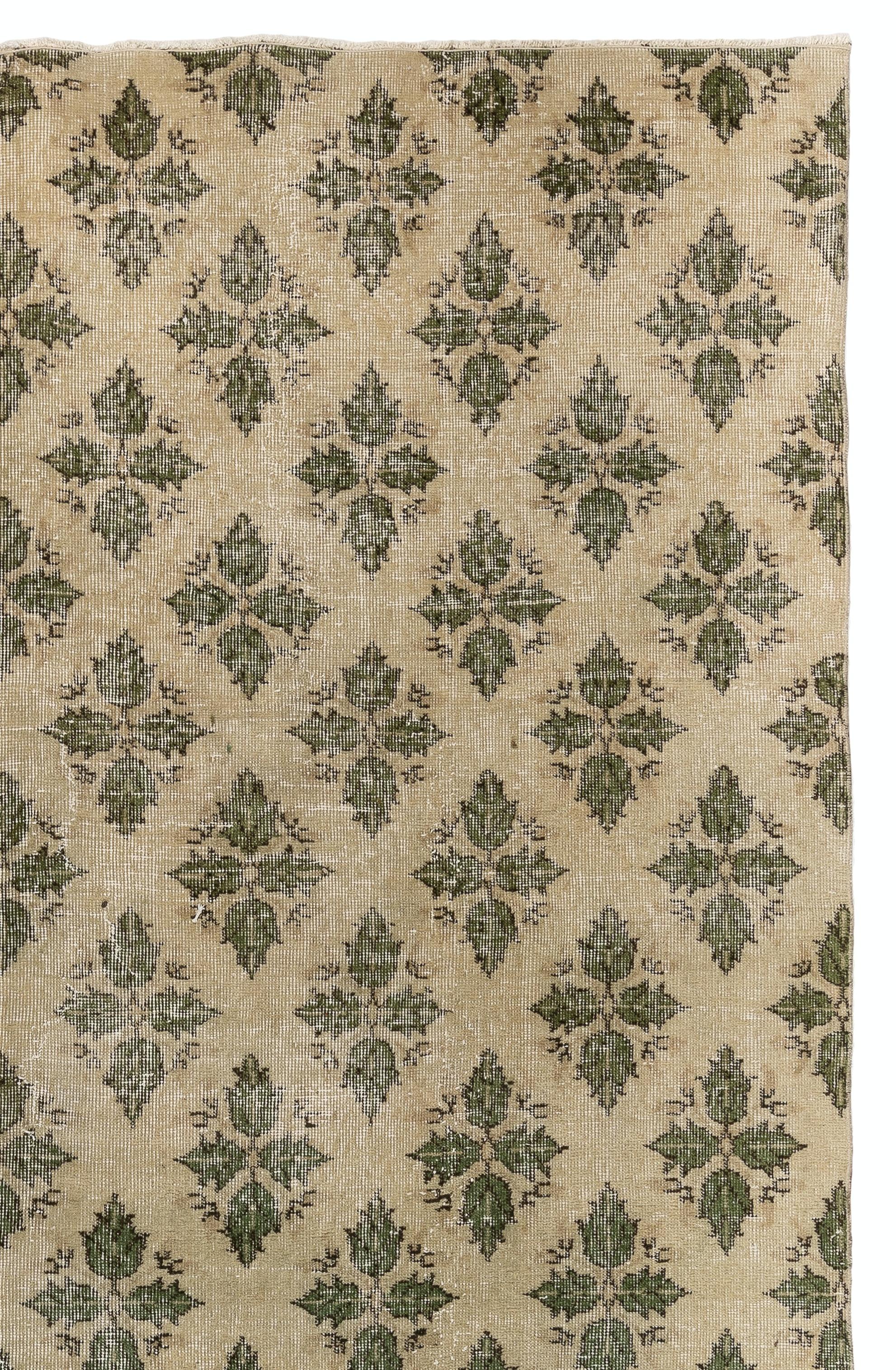 Oushak 7x10 Ft Hand Knotted Vintage Anatolian Rug with Leaves Design in Beige & Green