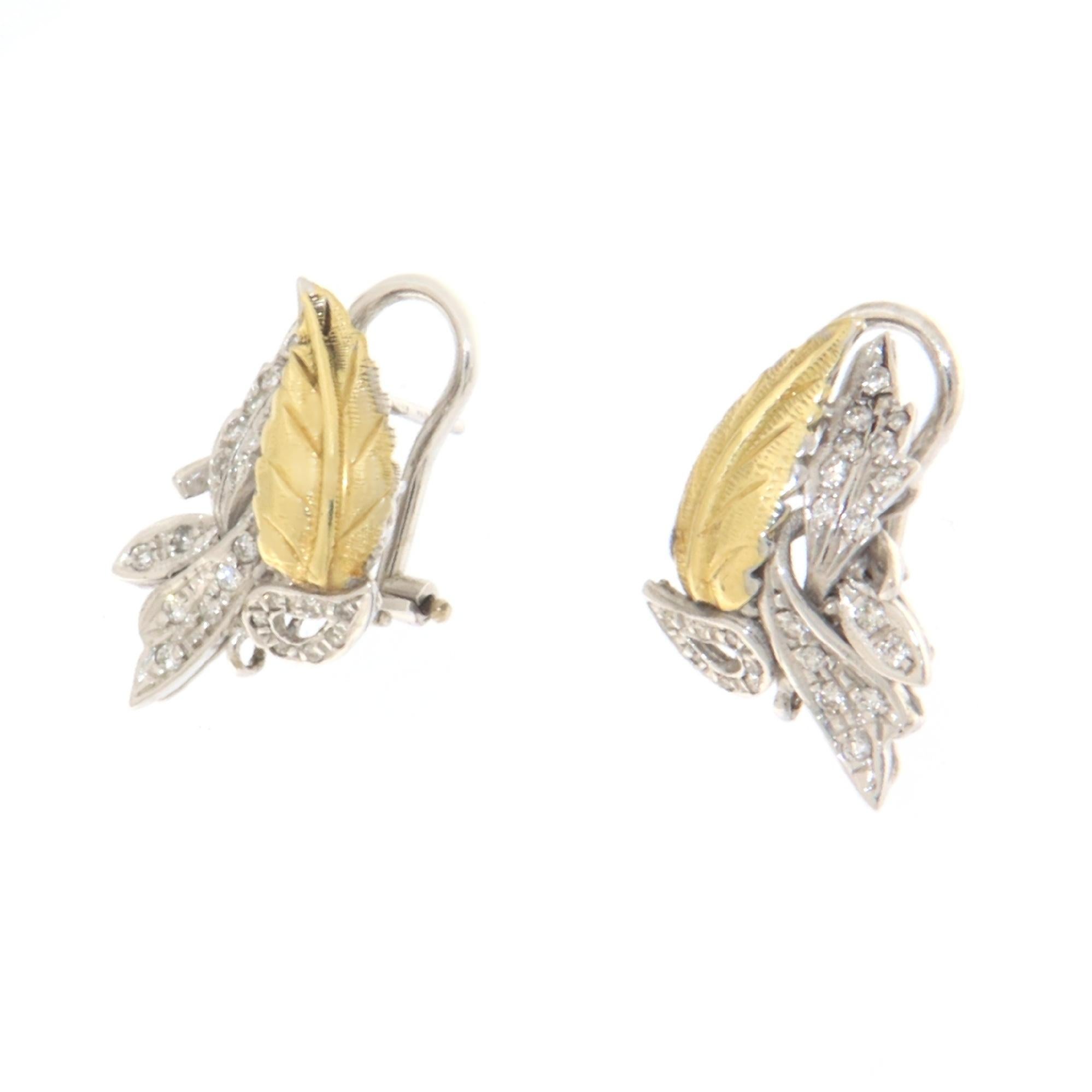 Brilliant Cut Leaves Diamonds 18 Karat Yellow And White Gold Stud Earrings For Sale