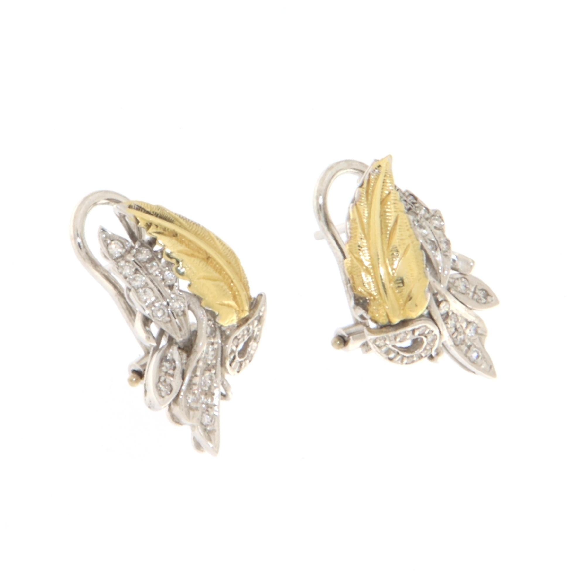 Leaves Diamonds 18 Karat Yellow And White Gold Stud Earrings In New Condition For Sale In Marcianise, IT