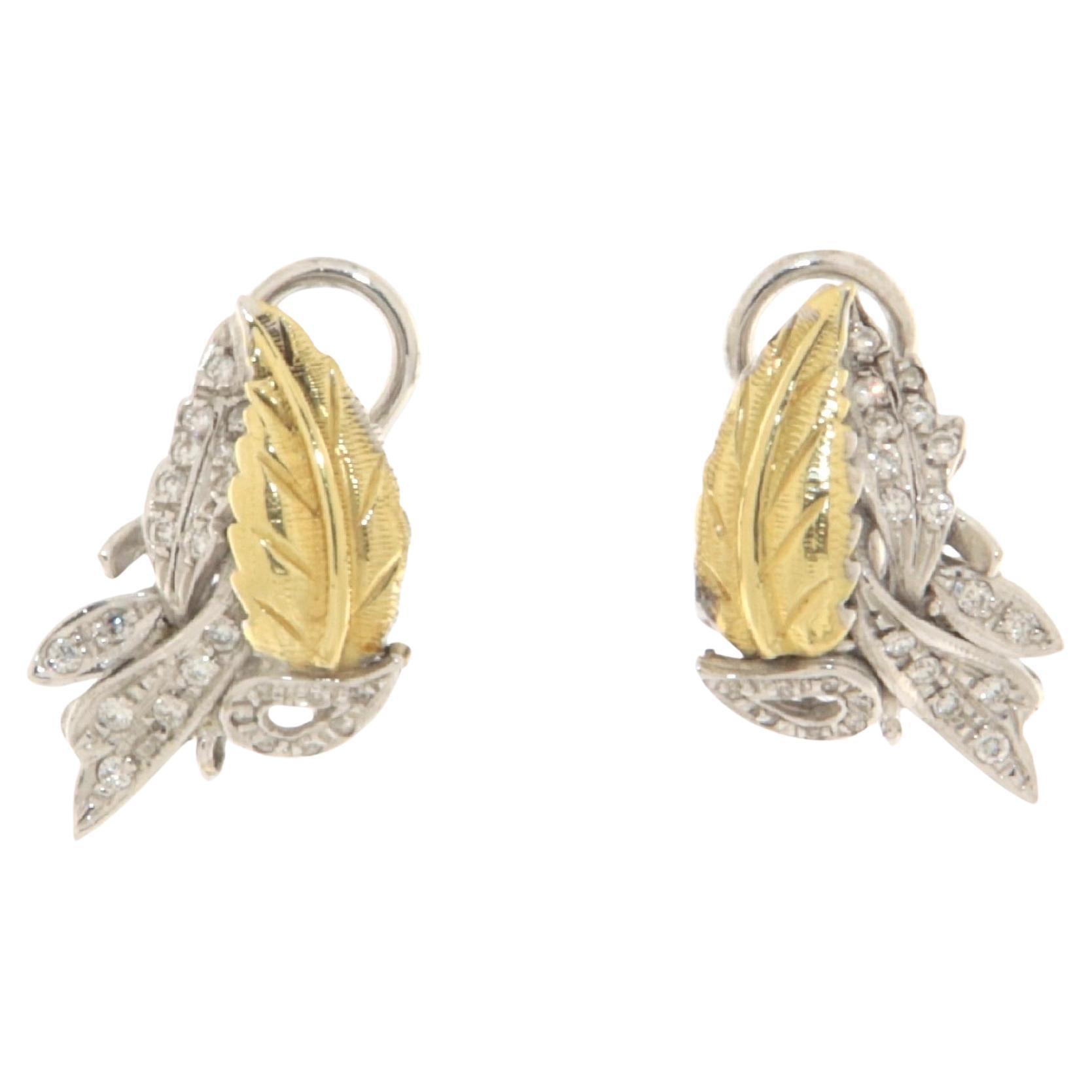 Leaves Diamonds 18 Karat Yellow And White Gold Stud Earrings For Sale