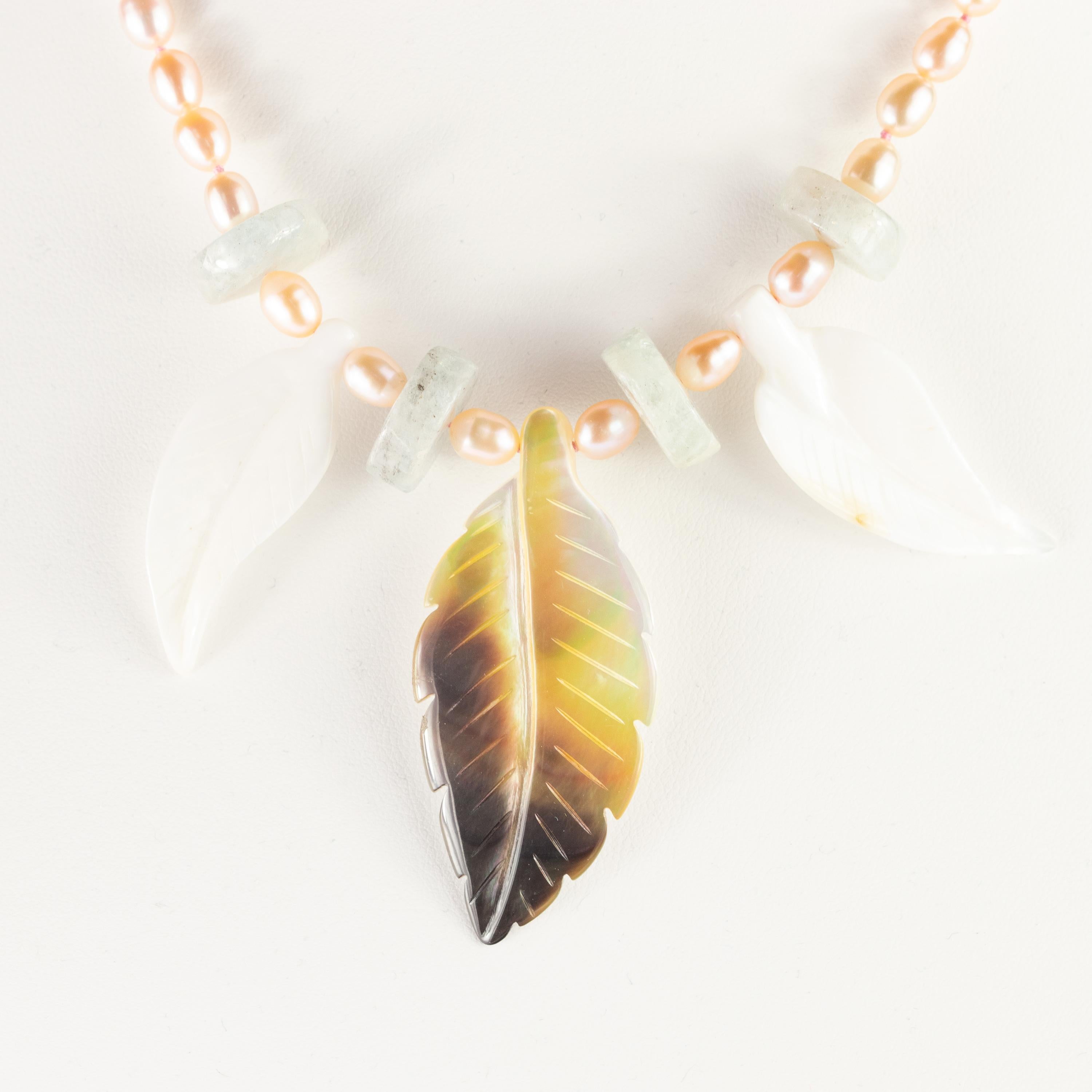 Leaves Pearl Mother Pearl Aquamarine 18 Karat Yellow Gold Tribal Leaf Necklace For Sale 1