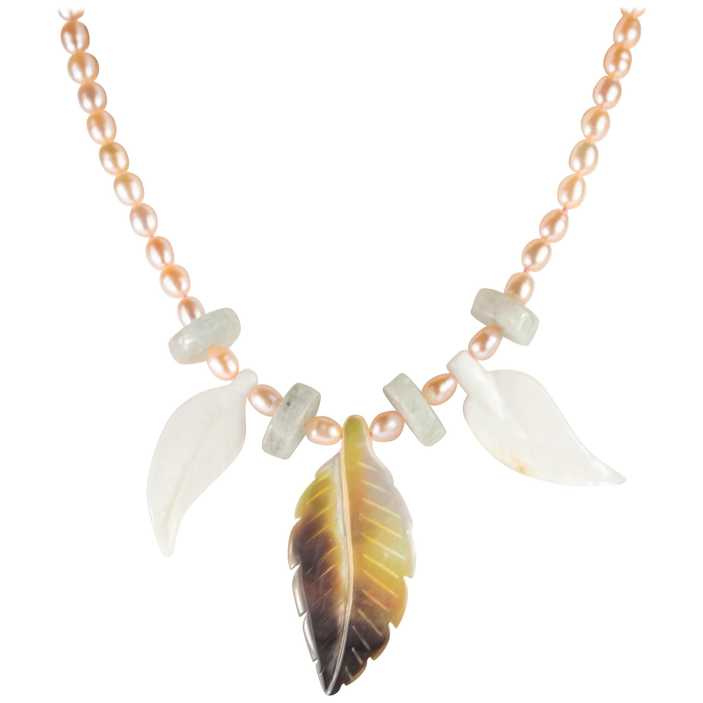 Leaves Pearl Mother Pearl Aquamarine 18 Karat Yellow Gold Tribal Leaf Necklace For Sale