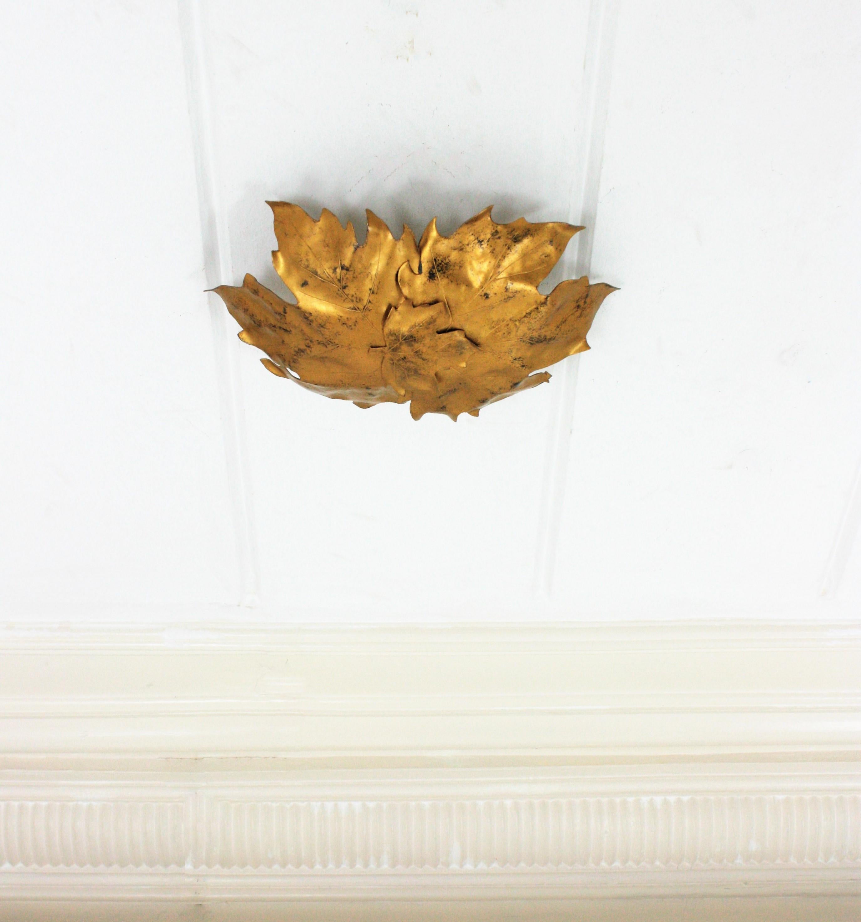 Leaves Shape Ceiling Light Fixture / Wall Sconce in Gilt Metal, 1960s For Sale 4