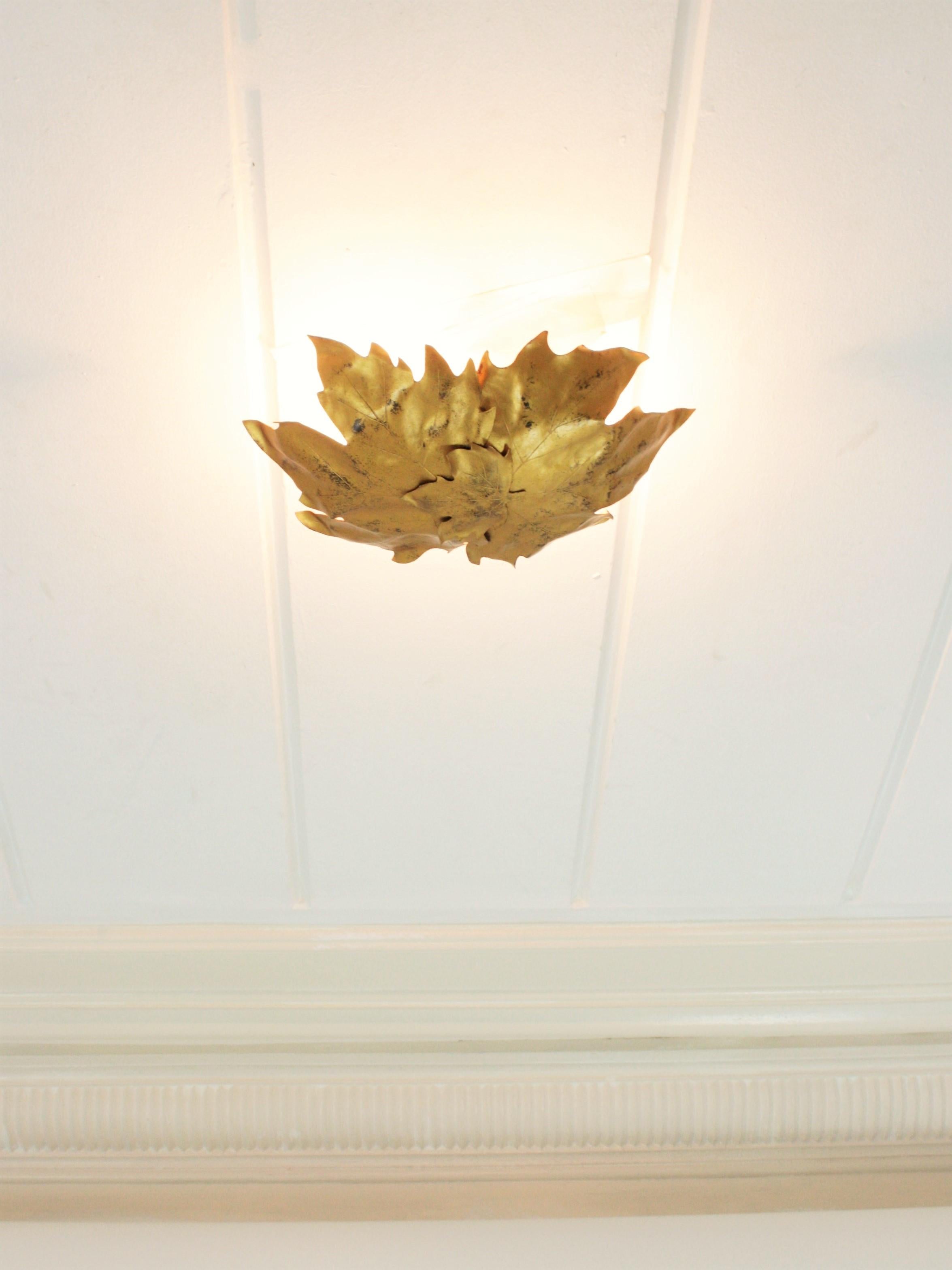 Leaves Shape Ceiling Light Fixture / Wall Sconce in Gilt Metal, 1960s For Sale 5