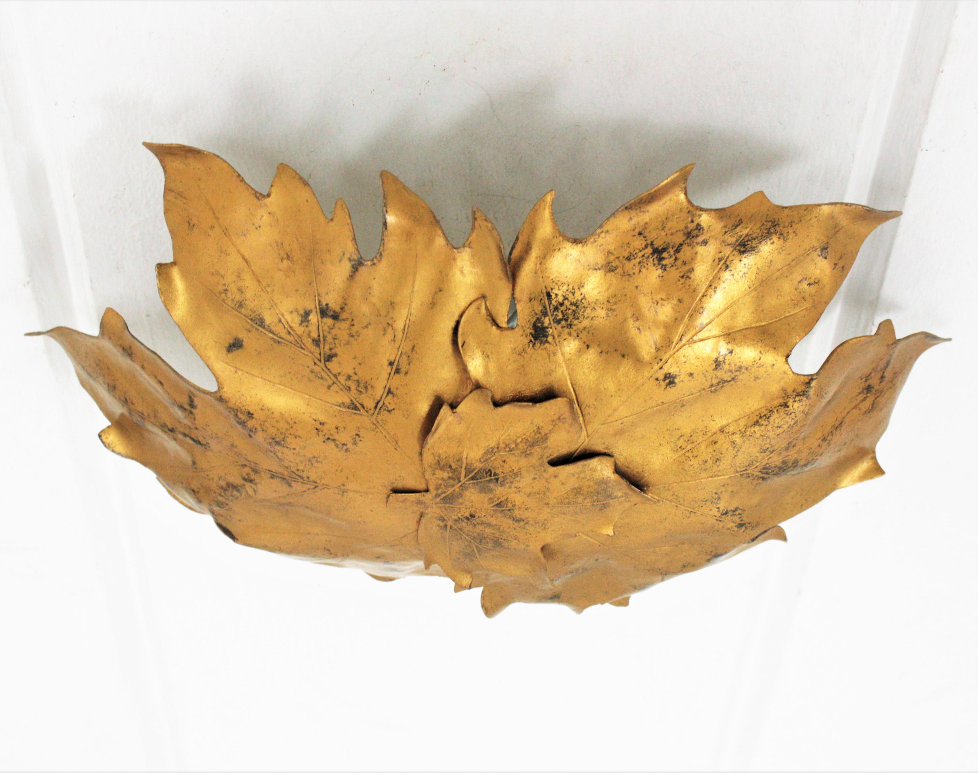 20th Century Leaves Shape Ceiling Light Fixture / Wall Sconce in Gilt Metal, 1960s For Sale