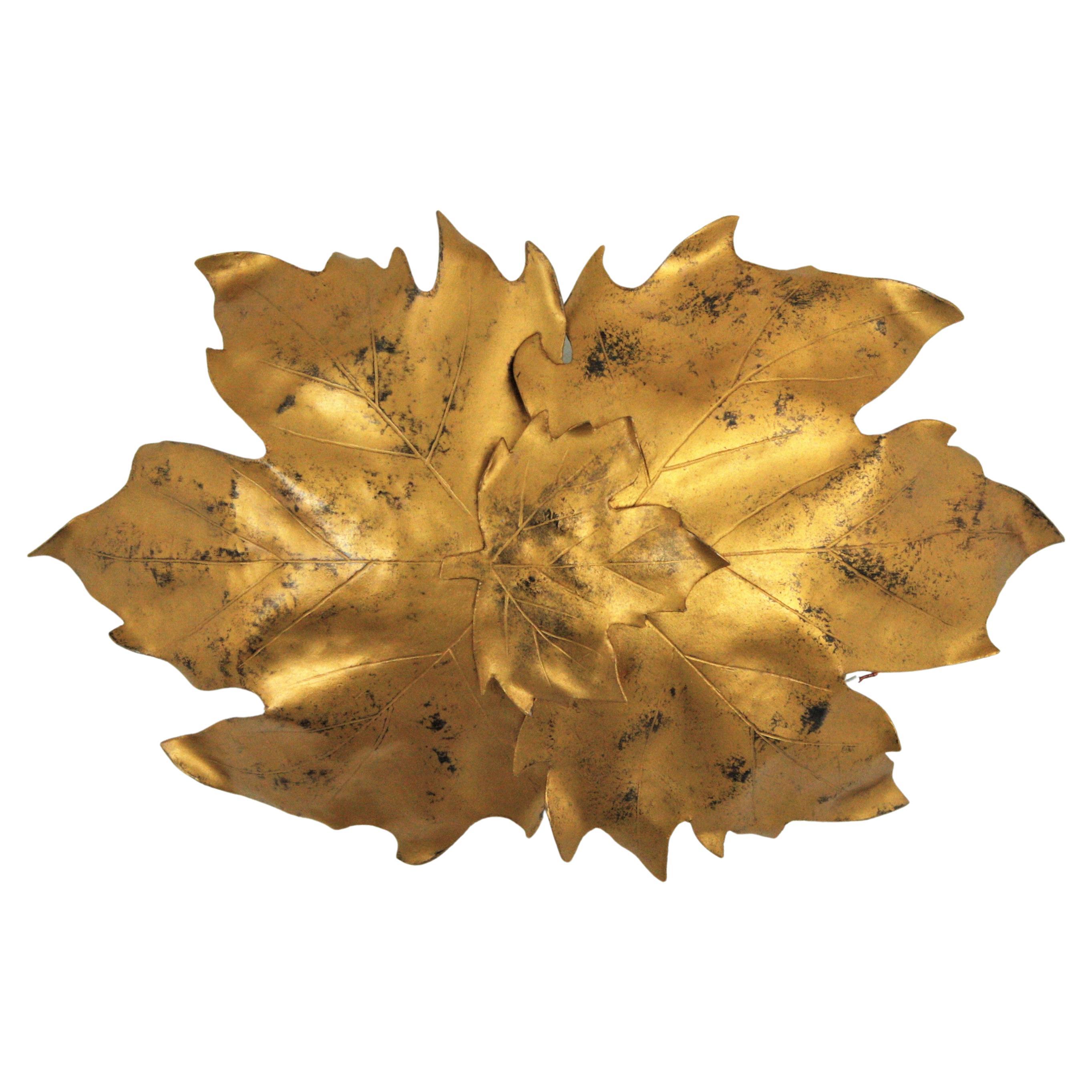 Leaves Shape Ceiling Light Fixture / Wall Sconce in Gilt Metal, 1960s For Sale