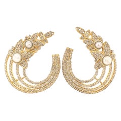 Boucles d'oreilles feuilles en or massif 14K avec perles et diamants (certifié)