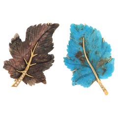 Foglie Turchese Diaspro Diamanti Spilla in oro giallo 18 carati