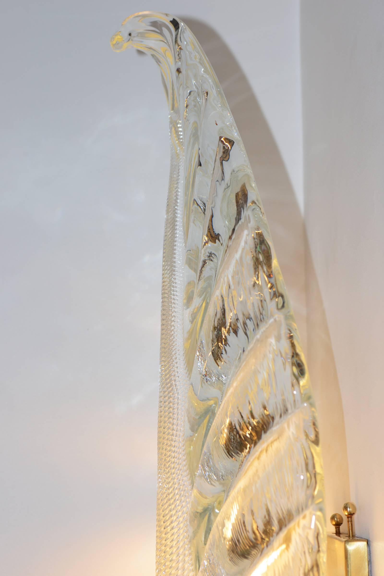 Ensemble de deux appliques murales en forme de feuilles en cristal de Murano pur en vente 1