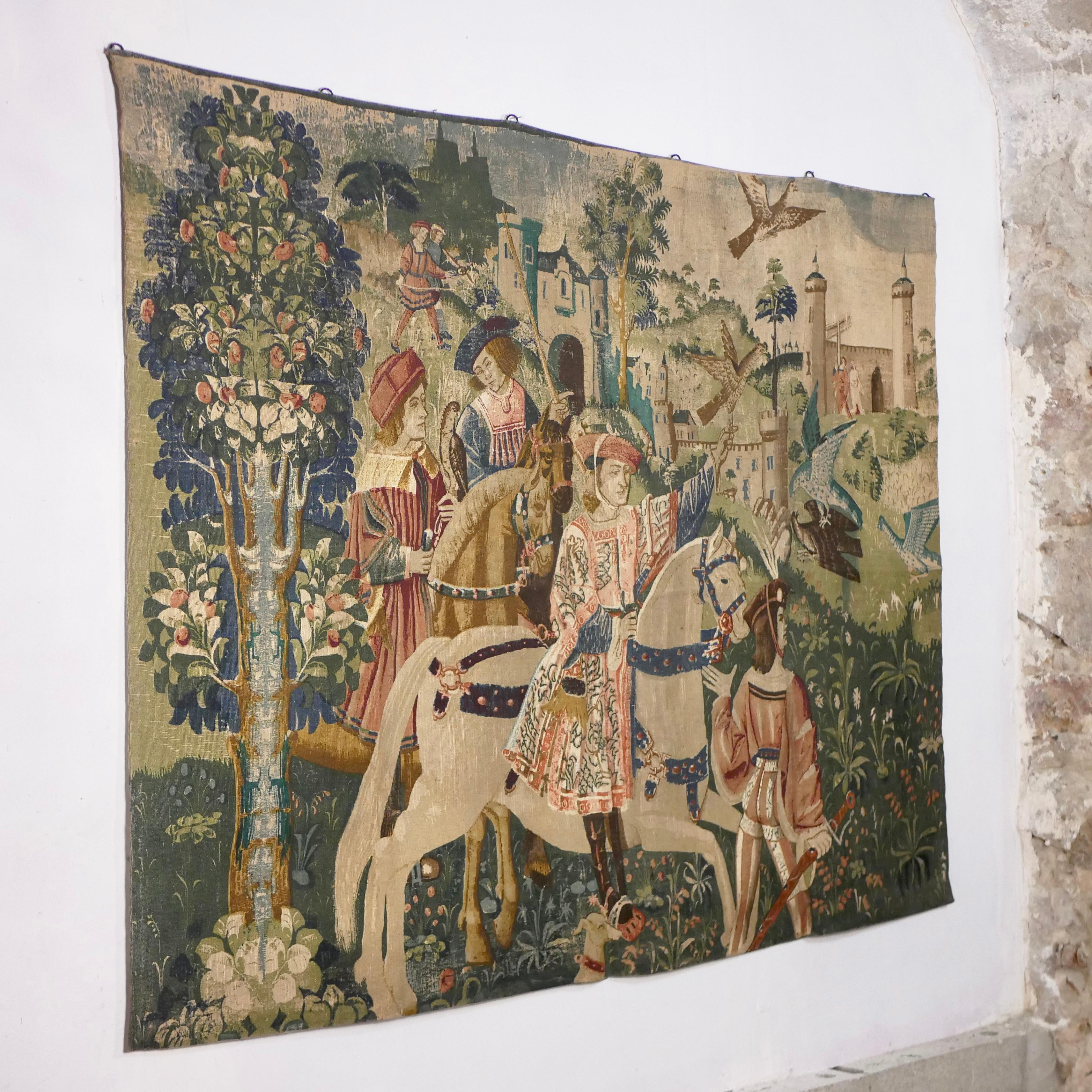 Aubusson Leaving for the Hunt tapestry, Ateliers d'Art de Rambouillet, France, 1950s